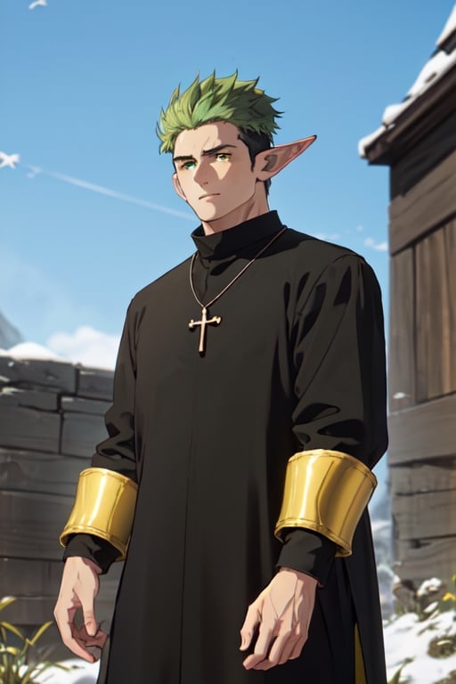 solo male, Kraft\(Frieren: Beyond Journey's End\), elf, masculine, manly, clergy, (olive green hair), short hair, undercut, multicolored hair, green eyes, pointed ears, BREAK (black clothing, above-knee-length-cassock, black cassock with yellow cuffs:1.3), button up cassock, black pants, white scarf, white puttee, shoes, necklace, mature, handsome, charming, alluring, standing, upper body, perfect anatomy, perfect proportions, best quality, masterpiece, high_resolution, dutch angle, cowboy shot, photo background