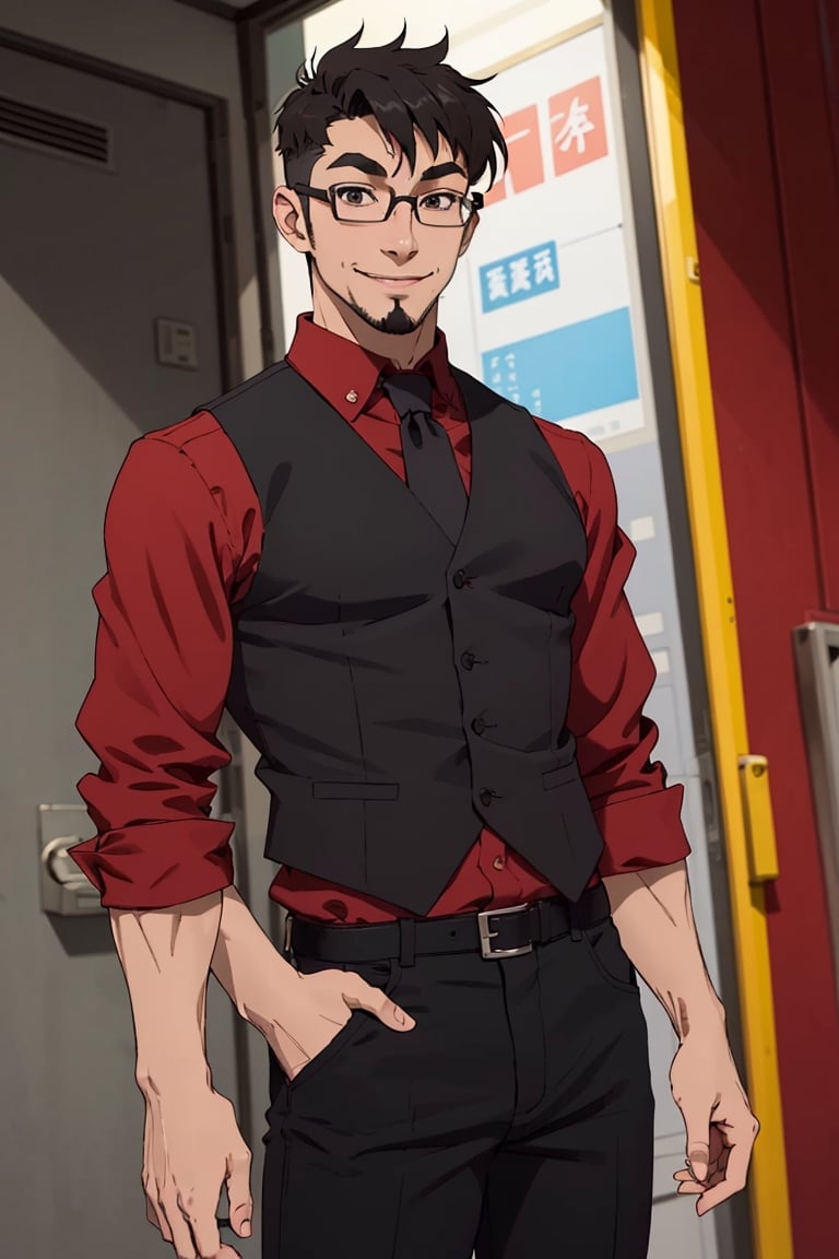 (1 image only), solo male, Jay Chiang, Great Pretender Razbliuto, Asian, Taiwanese, Taipei, 2d, anime, flat, black hair, short hair, goatee, thick eyebrows, brown eyes, glasses, (red collared shirt, grey necktie, black vest), red sleeves, sleeves rolled up, black pants, black shoes, smile, mature, handsome, charming, alluring, standing, upper body, perfect anatomy, perfect proportions, (best quality, masterpiece), (perfect eyes:1.2), perfect hands, high_resolution, dutch angle, cowboy shot