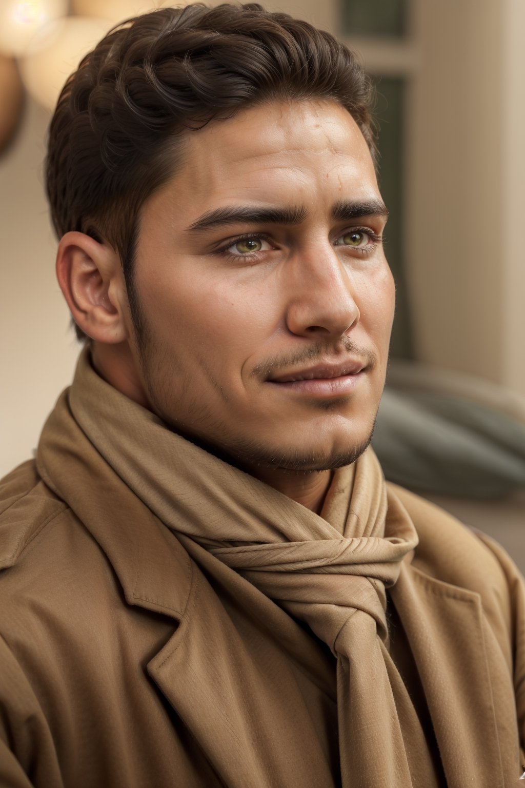 (1 image only), (solo male), 1boy, Sadik Adnan, Turkey, Hetalia: Axis Powers, Turkish male, olive-skinned, facial hair, chinstrap stubble, sideburns, shaved philtrum, hairless philtrum, brown eyes, thick dark eyebrows, brown hair, short hair, long green coat, brown pants, knee-high boots, tan scarf, black gloves, grin, handsome, mature, charming, alluring, upper body in frame, perfect anatomy, perfect proportions, 8k, HQ, (best quality:1.2, hyperrealistic:1.2, photorealistic:1.2, masterpiece:1.3, madly detailed photo:1.2), (hyper-realistic lifelike texture:1.2, realistic eyes:1.2), high_resolution, perfect eye pupil, dutch angle,perfecteyes