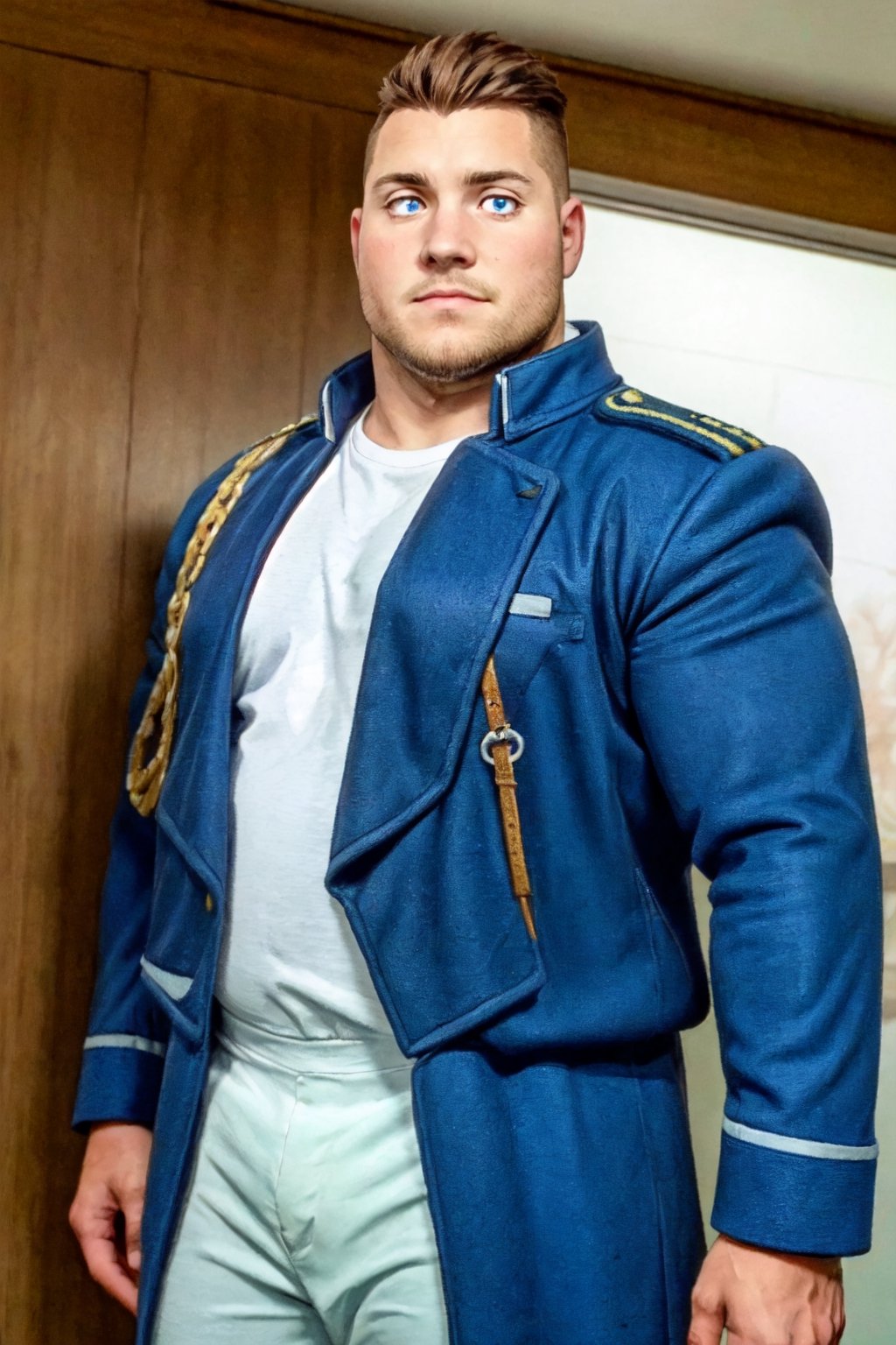 (1 image only), solo male, 1boy, Heymans Breda, Fullmetal Alchemist, anime, 2D, blue eyes, brown hair, short hair, high fade, stubble, handsome, (chubby), open (pure blue military uniform, blue coat, white t-shirt), confidence, charming, alluring, upper body in frame, perfect anatomy, perfect proportions, 8k, HQ, (best quality:1.2, hyperrealistic:1.2, photorealistic:1.2, masterpiece:1.3, madly detailed photo:1.2), (hyper-realistic lifelike texture:1.2, realistic eyes:1.2), high_resolution, perfect eye pupil, dutch angle,best quality, (long sleeves),chubby