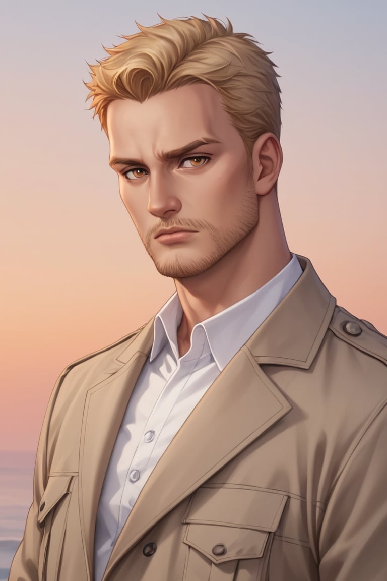 score_9, score_8_up, score_7_up, solo male, Reiner Braun, blond hair, short hair, flat hair (facial hair, stubble:1.1), hazel eyes, thin eyebrows, tall, white collared shirt, light-brown trench coat, (open coat:1.2), military green pants, black combat boots, handsome, , charming, alluring, dejected, depressed, upper body, perfect anatomy, perfect proportions, best quality, masterpiece, high_resolution, cowboy shot, (perfect face, perfect eyes:1.3), 1910s harbor background, sunset on the sea, nightfall, orange sky