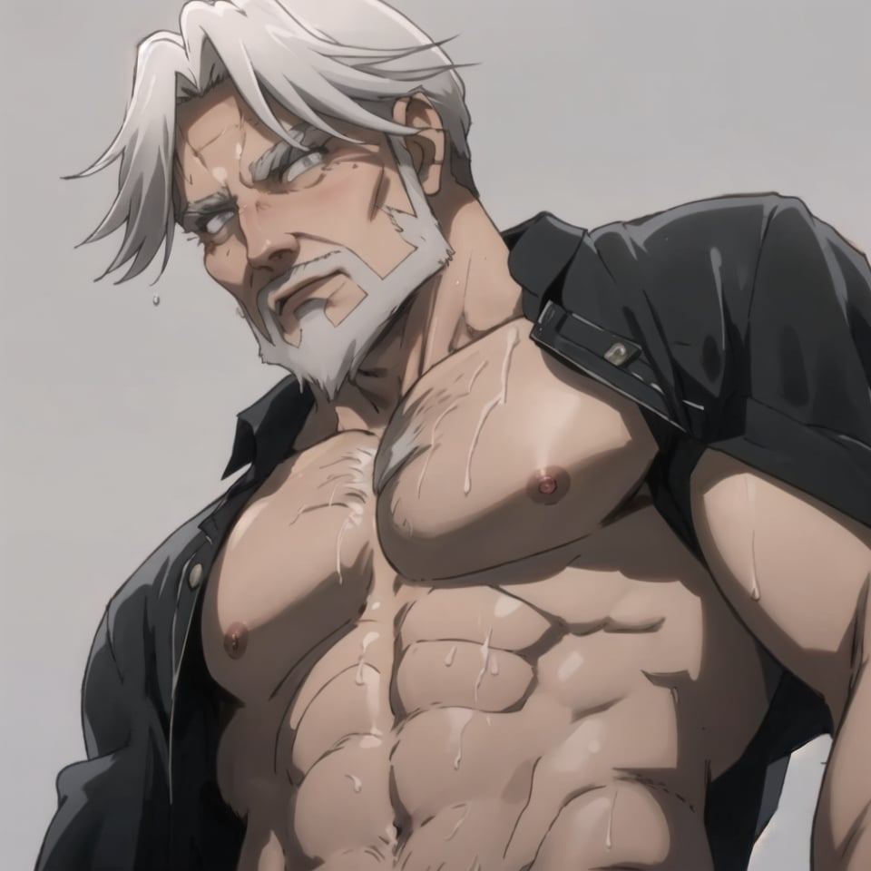 score_9, score_8_up, score_7_up, mns-pose, 1boy, solo, male focus, (Sebas Tian, old man, hair_slicked , grey eyes, grey hair,grey beard), forehead protector, masculine, topless, nude, sweaty, wet, shiny skin, looking at viewer, horny, blush, looking down, from below, upper body, close-up, nipples, nipple slip, large pectorals, pectoral focus, sidepec, nude, muscular, muscular male, bara, simple background, (perfect eyes:1.1) , ((from below))