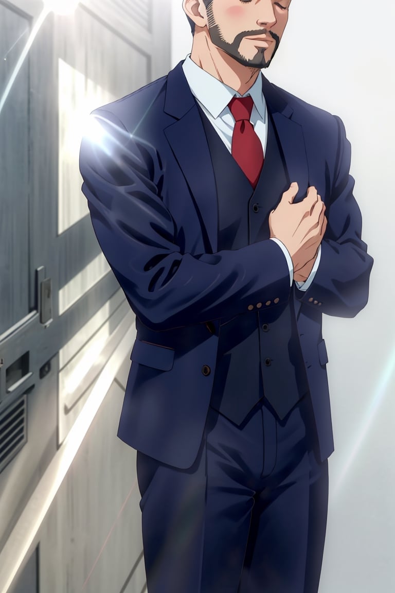 solo male, Maeda, Asobi Asobase, butler, black hair, short hair, black eyes, facial hair, dark blue 3 Piece Suit, formal, white collared shirt, red necktie, dark blue vest, dark blue jacket, dark blue pants, mature, handsome, charming, alluring, calm, polite, standing, upper body, perfect anatomy, perfect proportions, best quality, masterpiece, high_resolution, dutch angle, cowboy shot, (simple background, white background), (light rays, closed eyes, folding hands together)