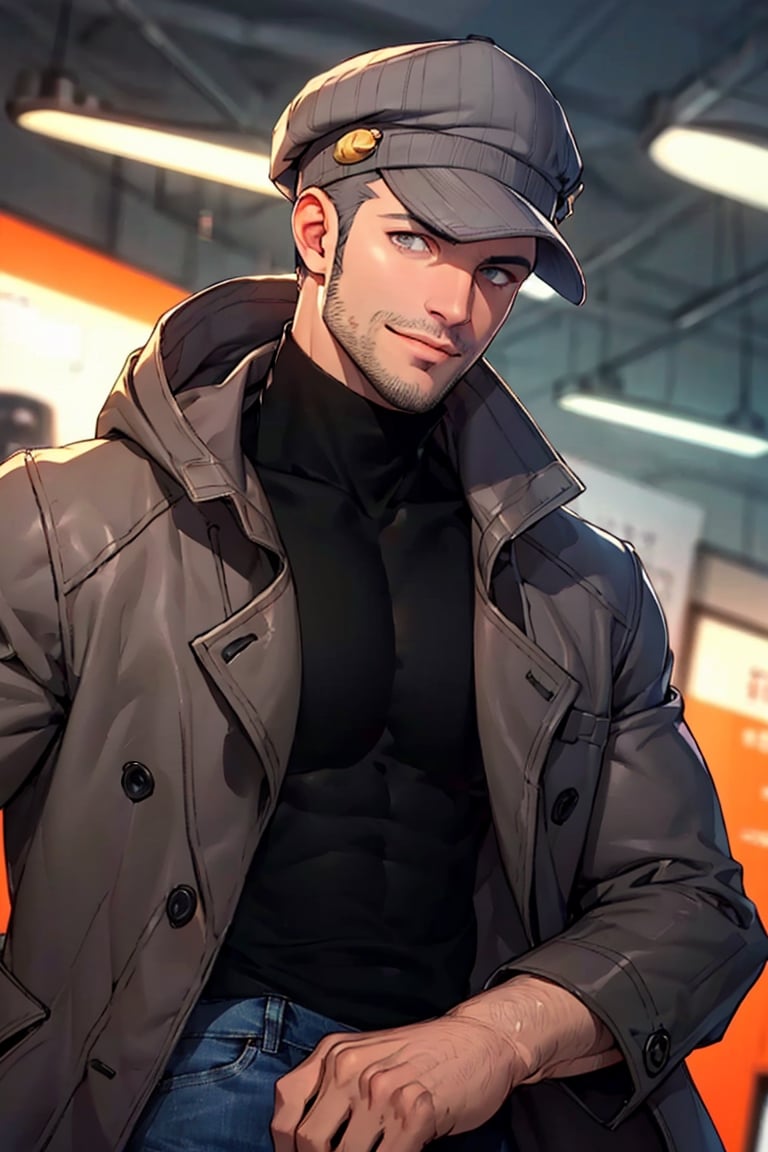(1 image only), solo male, Munehisa Iwai,  Persona, Asian, Japanese, Weapons Dealer, grey hair, short hair, stubble, grey eyes, sideburns, gray pin-striped hat, [yellow ear defenders], black turtleneck sweater, long gray coat, open coat, coat hood down, simple blue jeans, black leather boots, mature, masculine, handsome, charming, alluring, smile, upper body, perfect anatomy, perfect proportions, (best quality, masterpiece), (perfect eyes), high_resolution, dutch angle, [cowboy shot]