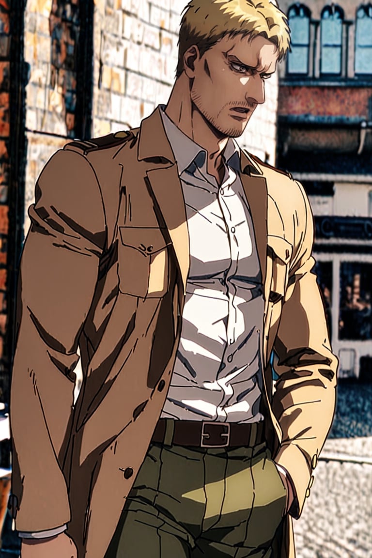 solo male, Reiner Braun, Attack on Titan, blond hair, short hair, stubble, hazel eyes, tall, Marleyan soldier uniform, white collared shirt, light-brown trench coat, (open coat:1.1), military green pants, black combat boots,  handsome, charming, alluring, standing, upper body, perfect anatomy, perfect proportions, best quality, masterpiece, high_resolution, dutch angle, cowboy shot, photo background