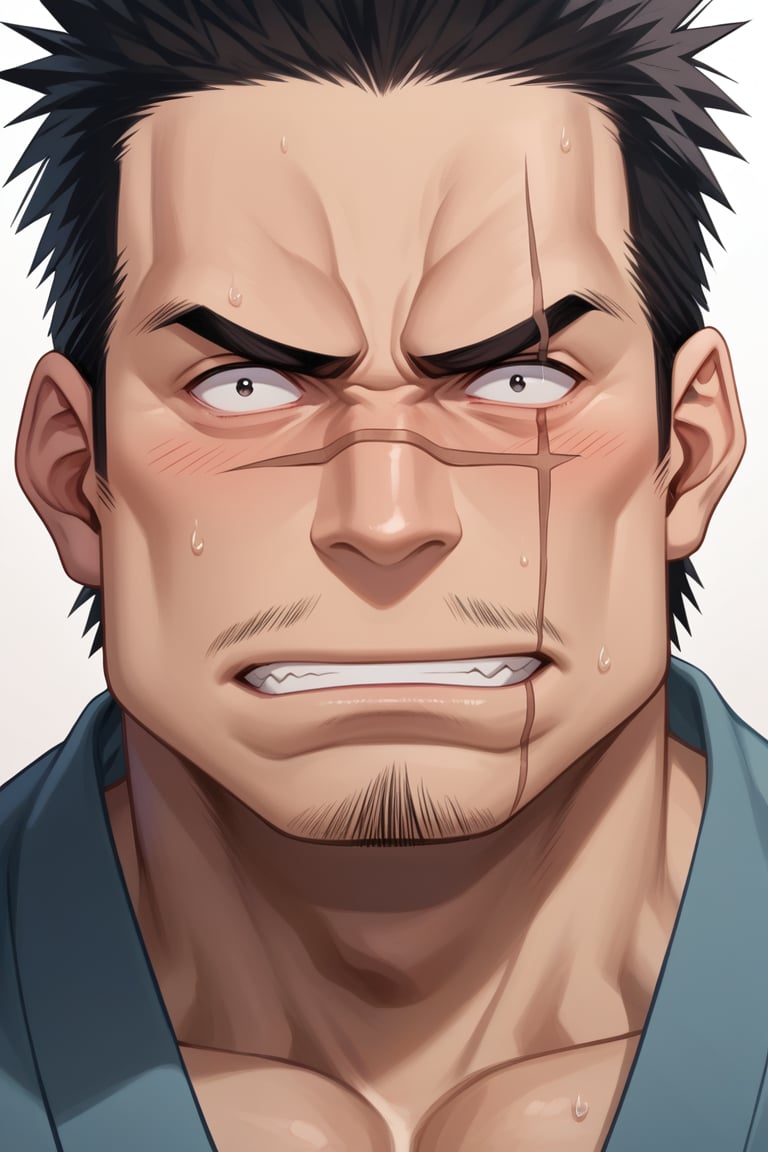 score_9, score_8_up, score_7_up, score_6_up, perfect anatomy, perfect proportions, best quality, masterpiece, high_resolution, high quality, best aesthetic, incredibly absurdres, highres, extremely detailed, huge filesize, mature, masculine, manly, virile, handsome, charming, alluring, bara, male focus, solo male, source_anime \(My Bride is a Mermaid\), anime coloring \(My Bride is a Mermaid\), Gozaburo Seto \My Bride is a Mermaid\), MBMGozaburo, black hair, short hair, black eyes, sanpaku, sideburns, facial hair, stubble, thick eyebrows, scar across eye, scar across nose, Gozaburo_Outfit02, Japanese clothes, grey-blue yukata, portrait, headshot, smirk, serious, mad, look at viewer, blush, bashful, wide-eyed, sweating profusely