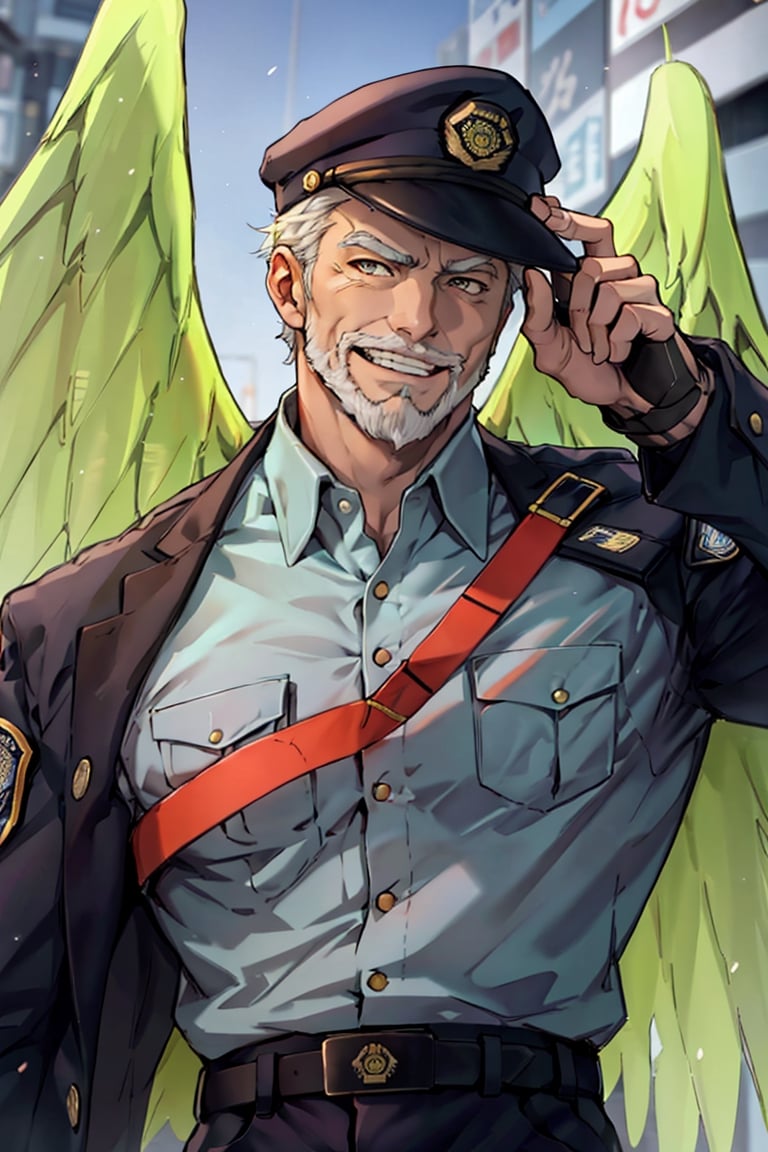 (1 image only), solo male, bara, Hogen, Tokyo Afterschool Summoners, Asain, Japanese, Tengu, old man, white hair, short hair, gold eyes, thick eyebrows, white facial hair, white beard, Japanese police uniform, Japanese police hat, pure aqua-color collared shirt, pure aqua-color sleeves, (black jacket on shoulders), grin, mature, handsome, charming, alluring, standing, upper body in frame, perfect anatomy, perfect proportions, 2D, anime, (best quality, masterpiece), (perfect eyes, perfect eye pupil), high_resolution, dutch angle, (Tokyo city street), better_hands, perfect fingers, green wings,best quality