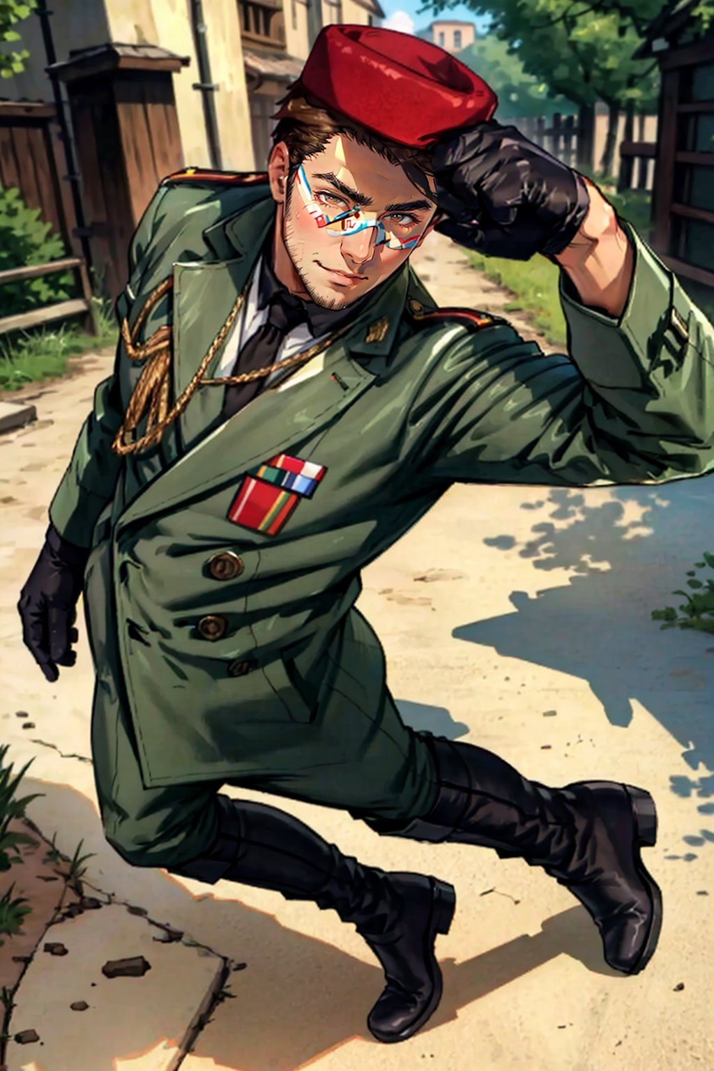 (1 image only), (solo male), 1boy, Sadik Adnan, Turkey, Hetalia: Axis Powers, Turkish male, olive-skinned, facial hair, chinstrap stubble, sideburns, (clean face), brown eyes, brown hair, short hair, grin, small red fez hat, long green military trench coat, brown pants, knee-high boots, black gloves, handsome, mature, charming, alluring, full body, perfect anatomy, perfect proportions, 8k, HQ, (best quality:1.2, hyperrealistic:1.2, photorealistic:1.2, masterpiece:1.3, madly detailed photo:1.2), (hyper-realistic lifelike texture:1.2, realistic eyes:1.2), high_resolution, perfect eye pupil, dutch angle, perfecteyes, Hagia sophia loction, building, 2d, flat, cartoon, better_hands, perfecteyes