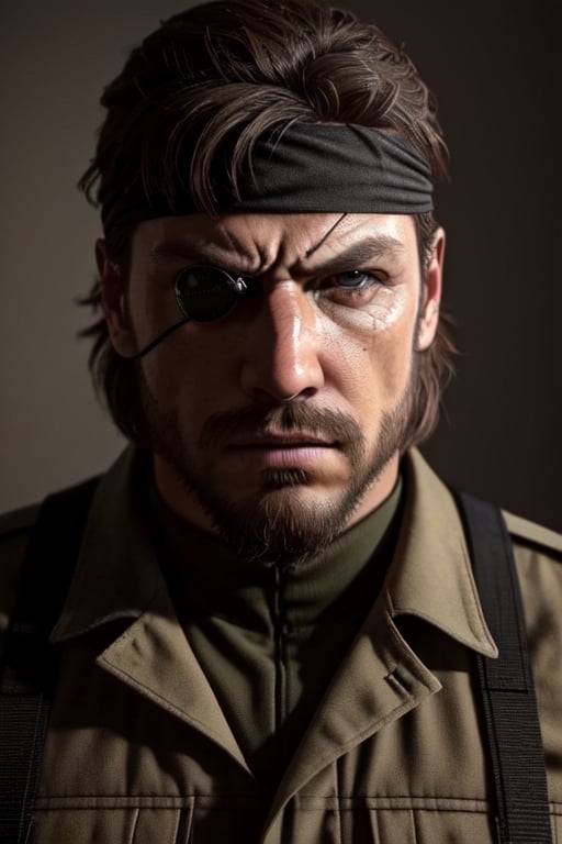 (1 image only), solo male, 1boy, Big Boss, Metal Gear Solid, facial hair, eyepatch, grey headband, handsome, mature, charming, alluring, upper body in frame, perfect anatomy, perfect proportions, 8k, HQ, (best quality:1.2, hyperrealistic:1.2, photorealistic:1.2, masterpiece:1.3, madly detailed photo:1.2), (hyper-realistic lifelike texture:1.2, realistic eyes:1.2), high_resolution, perfect eye pupil, dutch angle,Big Boss,photorealistic