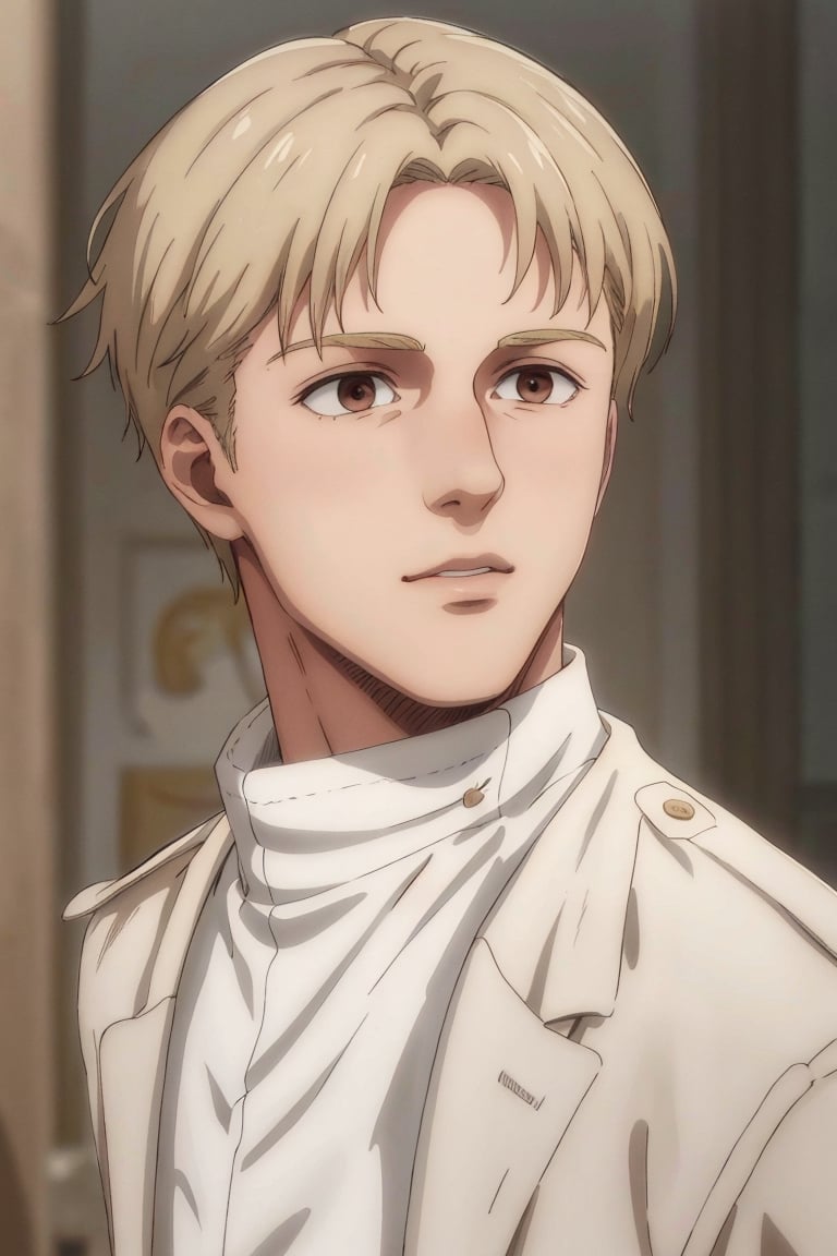 solo male, Colt Grice, blond hair, light hazel eyes, tall, Marleyan soldier uniform, (white collar shirt, light trench coat, open coat, light pants), tall combat boots, young, handsome, charming, alluring, standing, (portrait, headshot, close-up:1.3), perfect anatomy, perfect proportions, best quality, masterpiece, high_resolution, dutch angle, photo background, medieval italian city wide avenue, day, high building, multiple floor townhouse,masterpiece,1boy