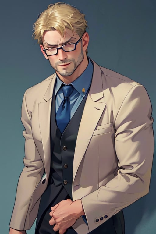 (1 image only), solo male, reiner braun, hazel eyes, blond hair, short hair, bare forehead, (facial hair, stubble1.2), (black glasses1.2), (light-blue collared shirt1.2, deep-blue necktie:1.2, black pants), (tucked-in shirts), mature, manly, hunk, masculine, virile, confidence, charming, alluring, smile, standing, upper body in frame, (1920s artdeco style background, artdeco golden and black luxury background), perfect anatomy, perfect proportions, 8k, HQ, (best quality:1.5, hyperrealistic:1.5, photorealistic:1.4, madly detailed CG unity 8k wallpaper:1.5, masterpiece:1.3, madly detailed photo:1.2), (hyper-realistic lifelike texture:1.4, realistic eyes:1.2), picture-perfect face, perfect eye pupil, detailed eyes