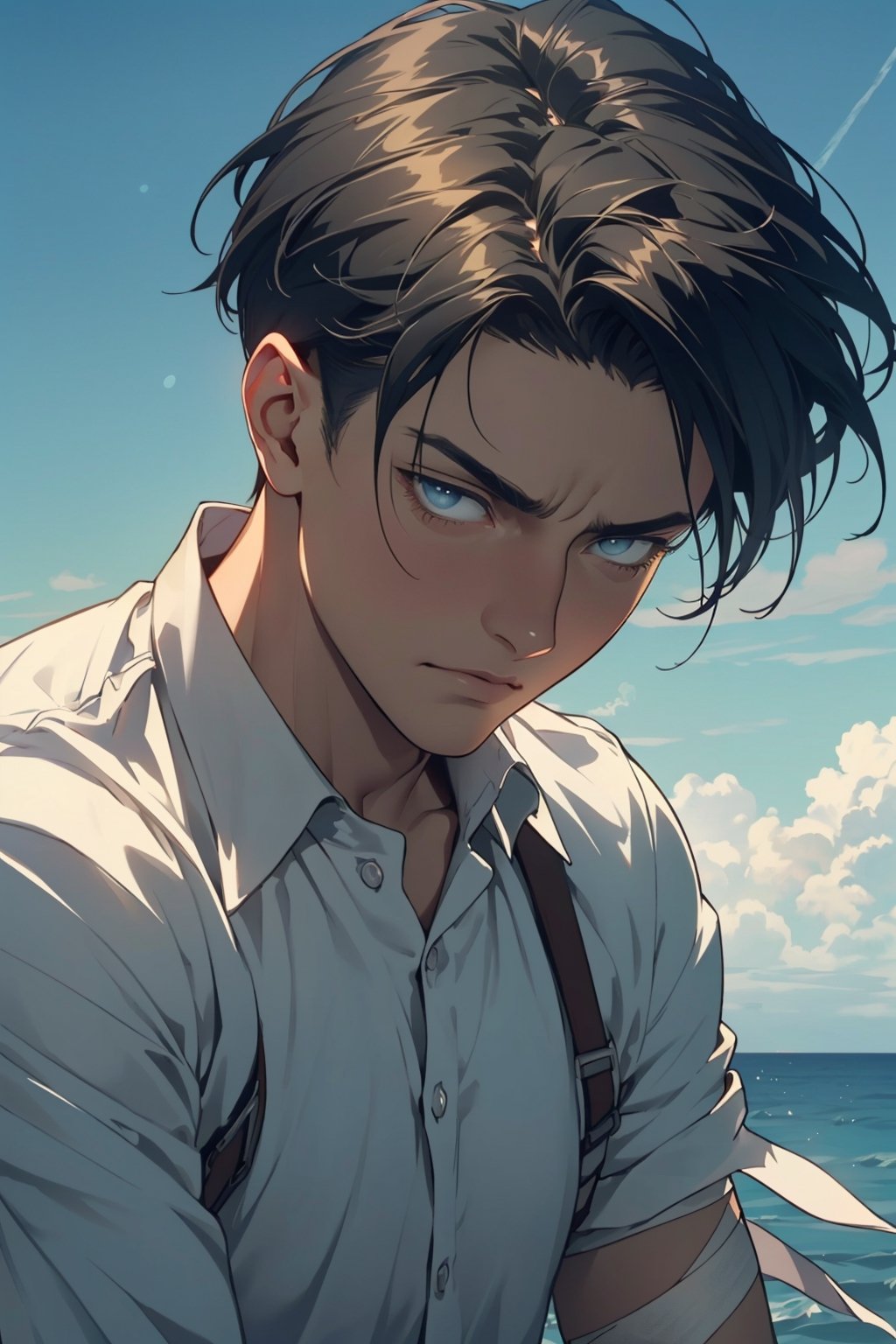 Levi Ackerman, black hair, dull blue eyes, pure white collared shirt,(white eye bandage on right eye:1.3), (AttackonTitan, wearing Omni-directional mobility gear), fit body, 34 years old, charming, alluring, dejected, depressed, sad, calm eyes, (standing), (upper body in frame), simple background, endless ocean, pink cloudy sky, dawn, 1910s harbor, only1 image, perfect anatomy, perfect proportions, perfect perspective, 8k, HQ, (best quality:1.5, hyperrealistic:1.5, photorealistic:1.4, madly detailed CG unity 8k wallpaper:1.5, masterpiece:1.3, madly detailed photo:1.2), (hyper-realistic lifelike texture:1.4, realistic eyes:1.2), picture-perfect face, perfect eye pupil, detailed eyes, realistic, HD, UHD, (front view, symmetrical picture, vertical symmetry:1.2), look at viewer,1male