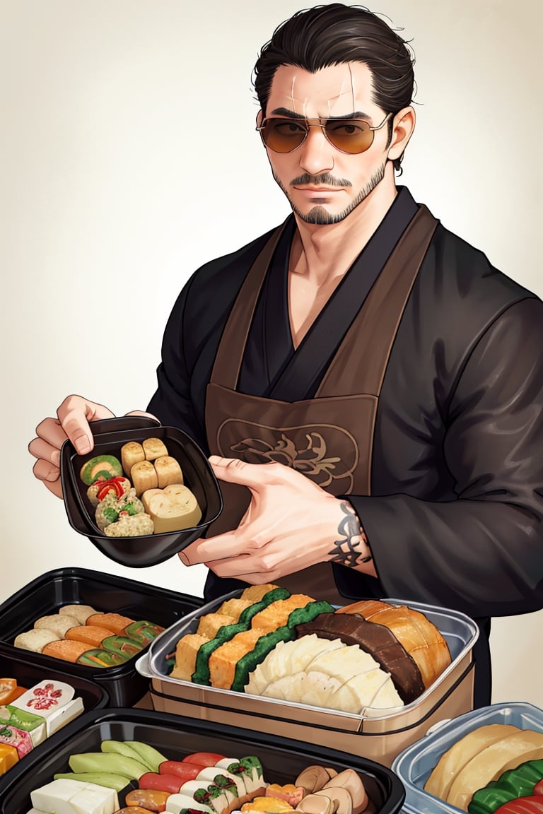 solo male, Tatsu, Japanese, househusband, yakuza, tattoos on body, black hair, slicked back hair, stubble, dark brown eyes, scar on face, casual-formal wear, dark collared shirt, black jacket, long sleeves, black pants, cream-colored apron, (aviator sunglasses), black shoes, toned male, mature, handsome, charming, alluring, smirk, (holding bento, Japanese-style packed lunch), delicious food, upper body, perfect anatomy, perfect proportions, best quality, masterpiece, high_resolution, dutch angle, photo background, modern bright kitchen, pov, sunlight, bright background, (perfect hands, perfect fingers:1.1), (Hands:1.1), better_hands