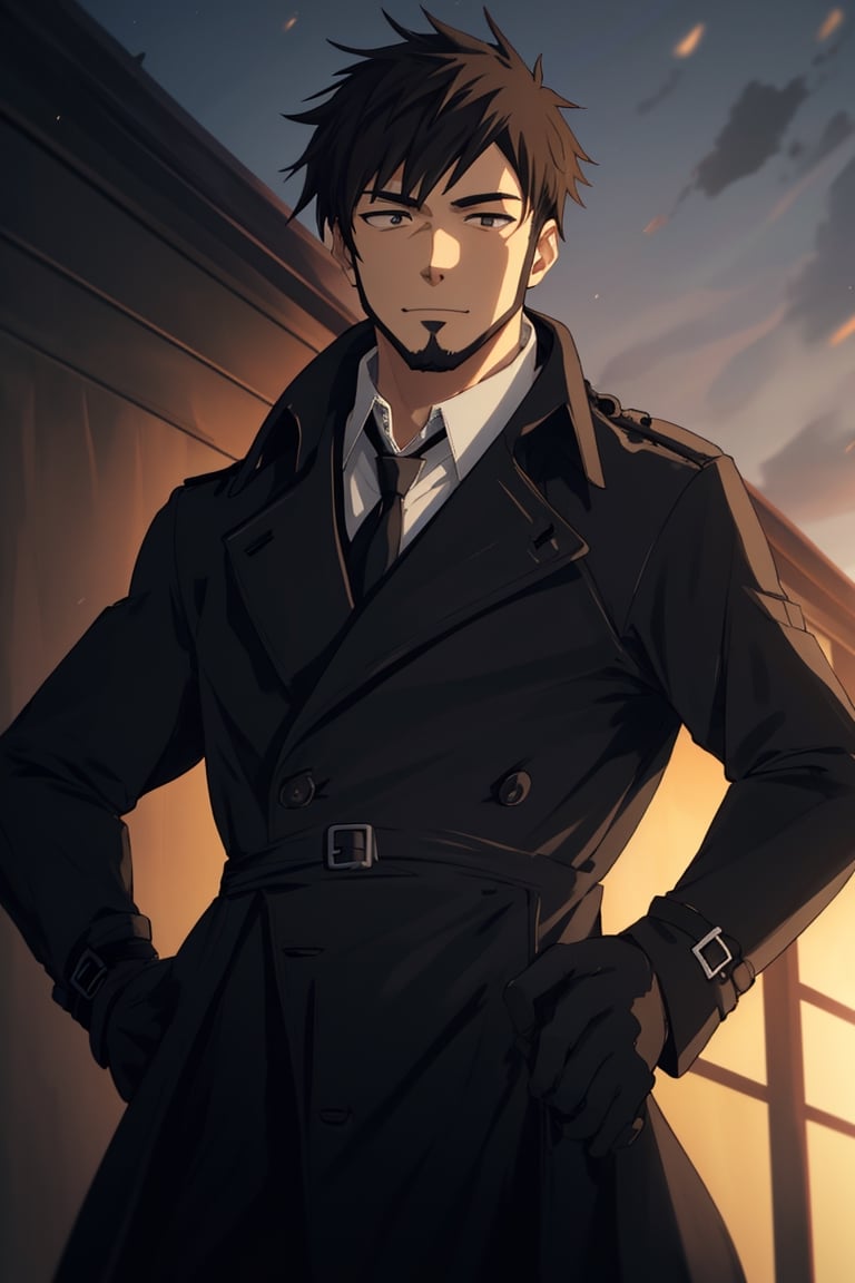 solo male, Genma Shizume, Asian, Japanese, black hair, chinstrap beard, sideburns, black eyes, calm eyes, slitty eyes, (white collared shirt, black necktie, black jacket:1.3), (brown trench coat, open trench coat:1.4), black pants, black gloves, mature, masculine, handsome, charming, allurin, smile, standing, upper body, hand on waist, perfect anatomy, perfect proportions, (best quality, masterpiece, high_resolution:1.3), perfect eyes, dutch angle, cowboy shot