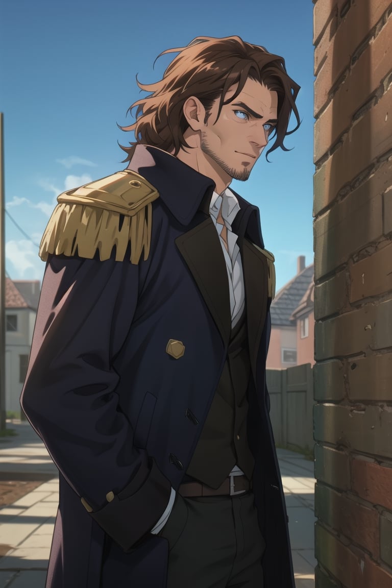 solo male, Graf Granat \(Frieren: Beyond Journey's End\), brown hair, hair parted to one side, facial hair, stubble, blue eyes, sanpaku, white collared shirt, black pants, matching boots. dark blue coat, open coat, coat over shoulders, gold epaulettes, mature, handsome, charming, alluring, standing, upper body, perfect anatomy, perfect proportions, best quality, masterpiece, high_resolution, dutch angle, cowboy shot, photo background, palace

