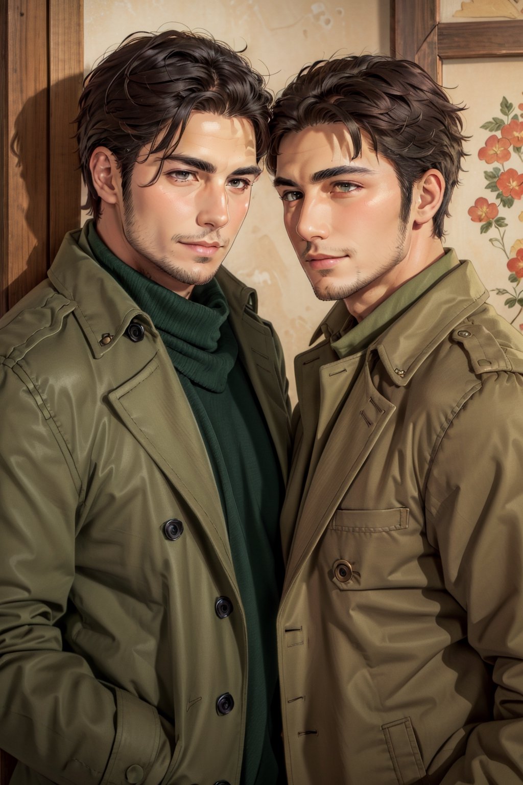 (1 image only), solo male, 1boy, Sadik Adnan, Turkey, Hetalia: Axis Powers, Turkish male, olive-skinned, facial hair, chinstrap stubble, sideburns, shaved philtrum, hairless philtrum, brown eyes, thick dark eyebrows, brown hair, short hair, long green coat, brown pants, knee-high boots, tan scarf, black gloves, grin, handsome, mature, charming, alluring, upper body in frame, perfect anatomy, perfect proportions, 8k, HQ, (best quality:1.2, hyperrealistic:1.2, photorealistic:1.2, masterpiece:1.3, madly detailed photo:1.2), (hyper-realistic lifelike texture:1.2, realistic eyes:1.2), high_resolution, perfect eye pupil, dutch angle,perfecteyes