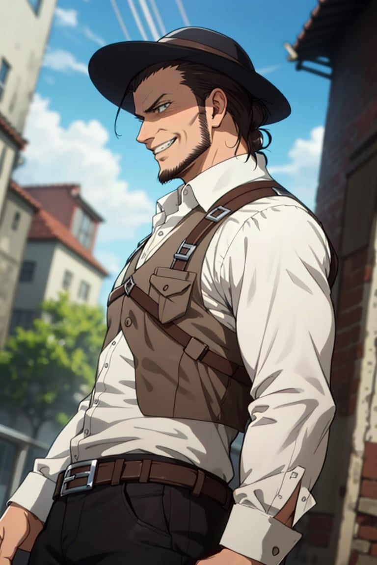 solo male, Kenny Ackerman, Attack on Titan Anime style, brown hair, hair slicked back, grey eyes, sideburns, thin beard along jawline, white collared shirt, long sleeves, black vest, black pants, dark fedora hat, vertical maneuvering equipment, armor, holster, athletic build, middle-age, mature, handsome, charming, alluring, grin, standing, upper body, perfect anatomy, perfect proportions, best quality, masterpiece, high_resolution, dutch angle, cowboy shot, photo background