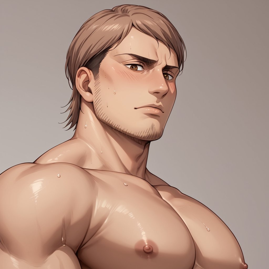 score_9, score_8_up, score_7_up, mns-pose, 1boy, solo, male focus, (Jean Kirstein, brown hair, light-brown eyes, thin eyebrows, facial hair, stubble), masculine, topless, nude, sweaty, wet, shiny skin, looking at viewer, horny, blush, looking down, from below, upper body, close-up, nipples, nipple slip, large pectorals, pectoral focus, sidepec, nude, muscular, muscular male, bara, simple background, (perfect eyes:1.1), ,Jean Kirstein