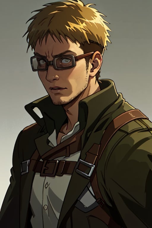 Abel, Attack on Titan, Shingeki no Kyojin, Scout Regiment, uniform of the Scout Regiment, green cloak, goggles, thick-rimmed glasses with bands around head, 1boy, solo, male, man, mature, handsome, manly, blond_hair, short hair, light stubble on chin and cheekbones, intense gaze, gentle expression, soft expression, masculine, handsome, charming, alluring, rugged, black trench coat, black pants, grey vest, dark red cravat, (standing), (upper body in frame), simple background, dark atmosphere, perfect light, perfect anatomy, perfect proportions, perfect perspective, 8k, HQ, (best quality:1.5, hyperrealistic:1.5, photorealistic:1.4, madly detailed CG unity 8k wallpaper:1.5, masterpiece:1.3, madly detailed photo:1.2), (hyper-realistic lifelike texture:1.4, realistic eyes:1.2), picture-perfect face, perfect eye pupil, detailed eyes, realistic, HD, UHD, (front view:1.2), portrait, looking outside frame,perfecteyes,(MkmCut),goggles,mature