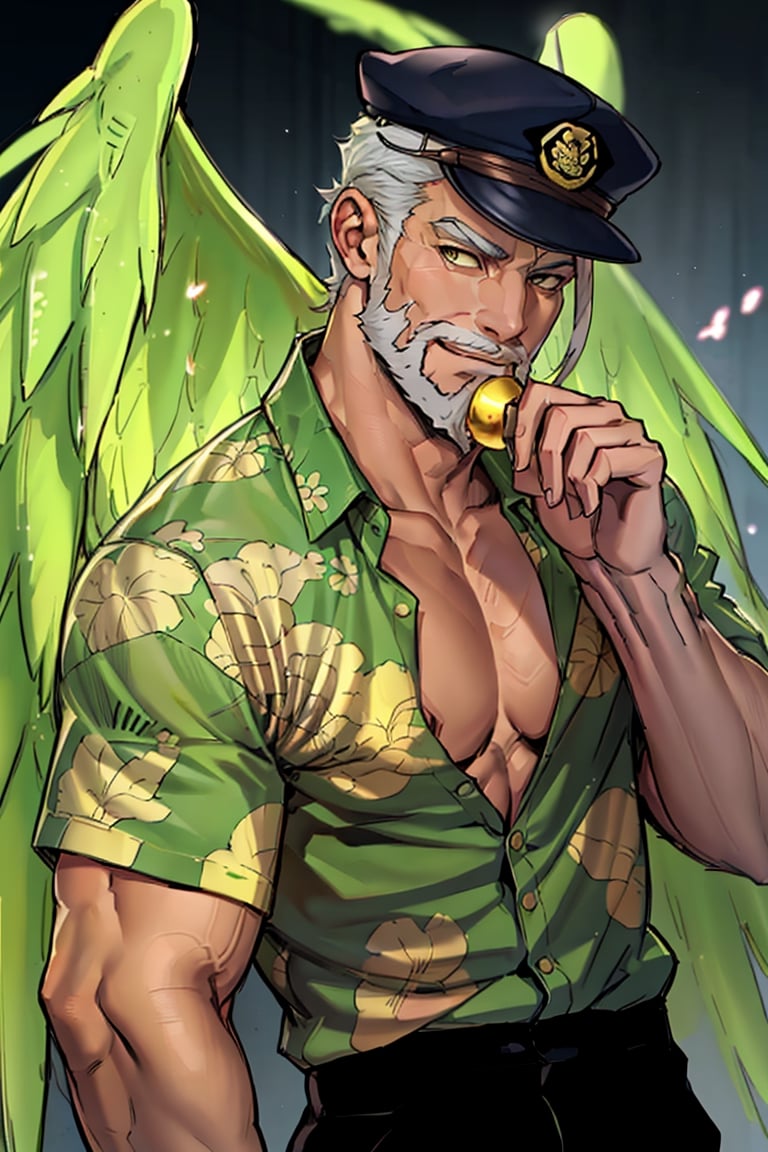 (1 image only), solo male, bara, Hogen, Tokyo Afterschool Summoners, Asain, Japanese, Tengu, old man, white hair, short hair, gold eyes, thick eyebrows, facial hair, beard, single small skin-color horn, Tokin headwear, tengu-geta, green hawaiian shirt, (partially unbuttoned shirt, untucked shirt), black police pants, mature, handsome, charming, alluring, standing, upper body in frame, perfect anatomy, perfect proportions, 2D, anime, (best quality, masterpiece), (perfect eyes, perfect eye pupil), high_resolution, dutch angle, Tokyo city street, better_hands, green wings