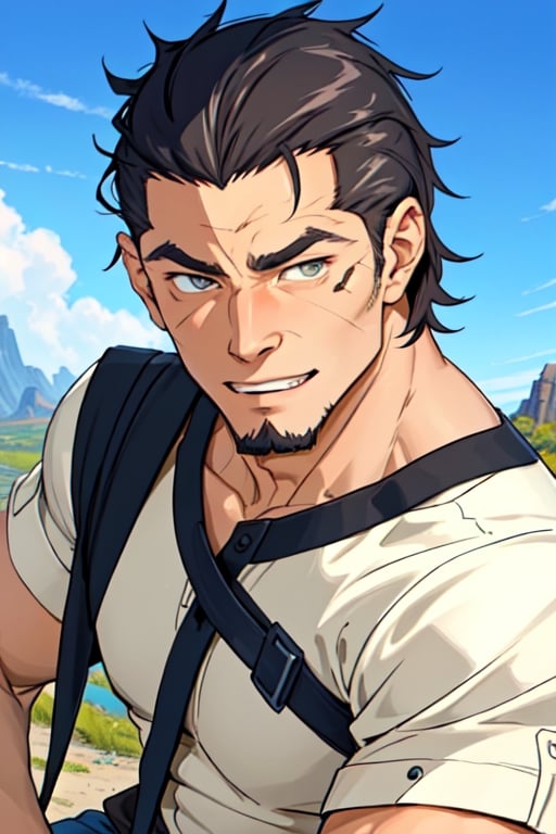 (1 image only), solo male, Kaburagi, Deca Dence, greying black hair, slicked back hair, thick eyebrows, sideburns, goatee, green eyes, scar, tucked-in wide necked short-sleeved white shirt, sleeves tucked up and buttoned, short sleeves, olive wide worker pants, black belt tied, brown boots. simpple leather bracelet, toned male, mature, handsome, charming, alluring, grin, (portrait, close-up), perfect anatomy, perfect proportions, best quality, masterpiece, high_resolution, dutch angle, outdoors, day, blue sky, science fiction, citadel on sky, photo background, bare neck,