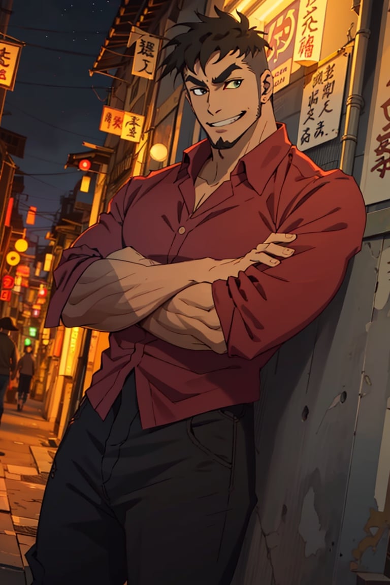 (1 image only), solo male, Jay Chiang, Great Pretender Razbliuto, Asian, Taiwanese, modern Taipei city, night cityscape, 2d, anime, flat, black hair, short hair, high fade, goatee, thick eyebrows, (brown eyes), (pure red collared shirt, red sleeves rolled up:1.2) black pants, socks, leather shoes, smile, crossed arms, mature, handsome, charming, alluring, standing, upper body, perfect anatomy, perfect proportions, (best quality, masterpiece), (perfect eyes:1.2), perfect hands, high_resolution, dutch angle, cowboy shot, 