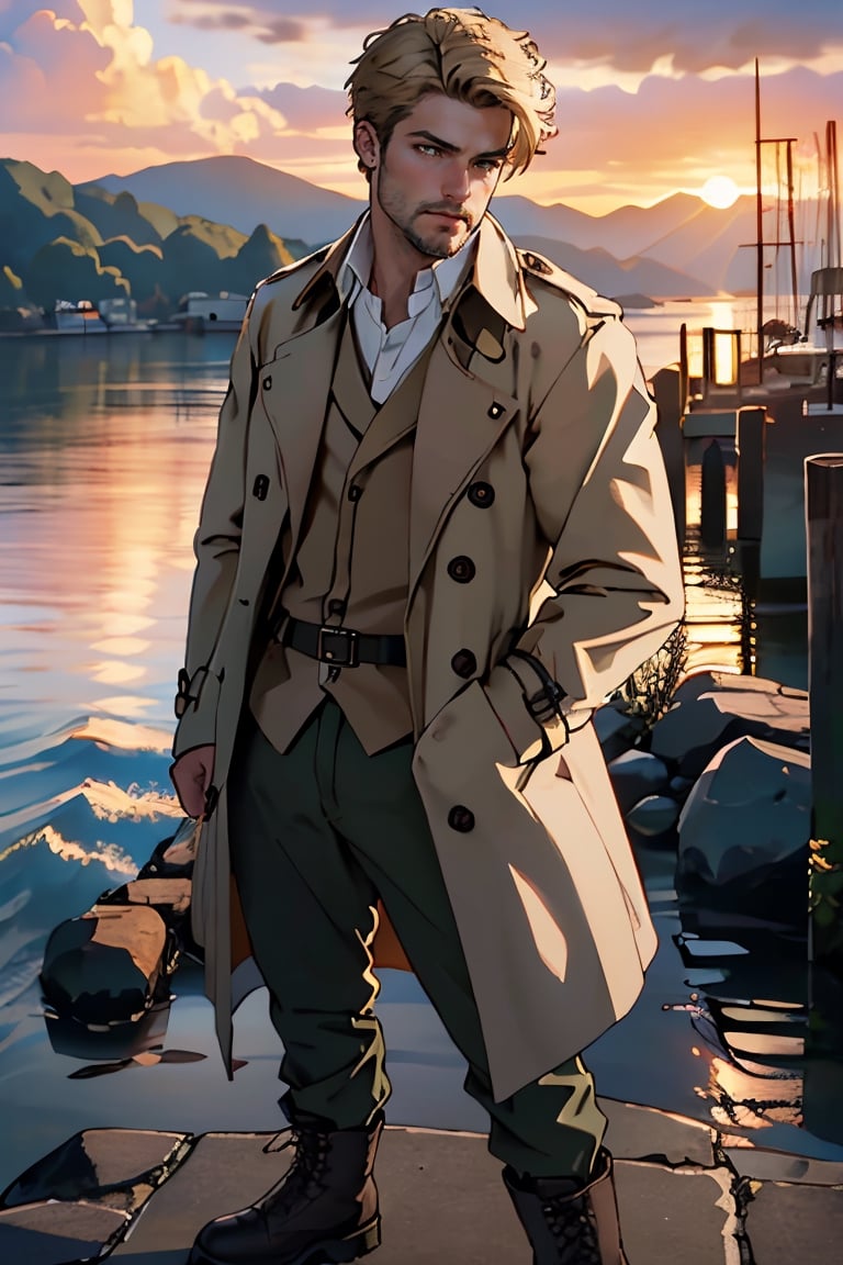 reiner_braun(blond hair, short hair, stubble, hazel eyes:1.3),  fit body, (wearing pure white collared shirt:1.2), (unbutton open brown trench coat, military green pants, black combat boots:1.2), manly, bulky, charming, alluring, seductive, seductive, erotic, enchanting, dejected, depressed, (standing), simple background(1910s harbor, sunset on the sea, sunset on the sea, nightfall), backlight, orange sky, perfect light, only 1 image, perfect anatomy, perfect proportions, perfect perspective, 8k,HQ,(best quality:1.5,hyperrealistic:1.5, photorealistic:1.4,madly detailed CG unity 8k wallpaper:1.5, masterpiece:1.3,madly detailed photo:1.2), (hyper-realistic lifelike texture:1.4,realistic eyes:1.2), picture-perfect face, highly detailed face, detailed eyes, realistic, HD, UHD, looking_at_viewer, (MkmCut) 