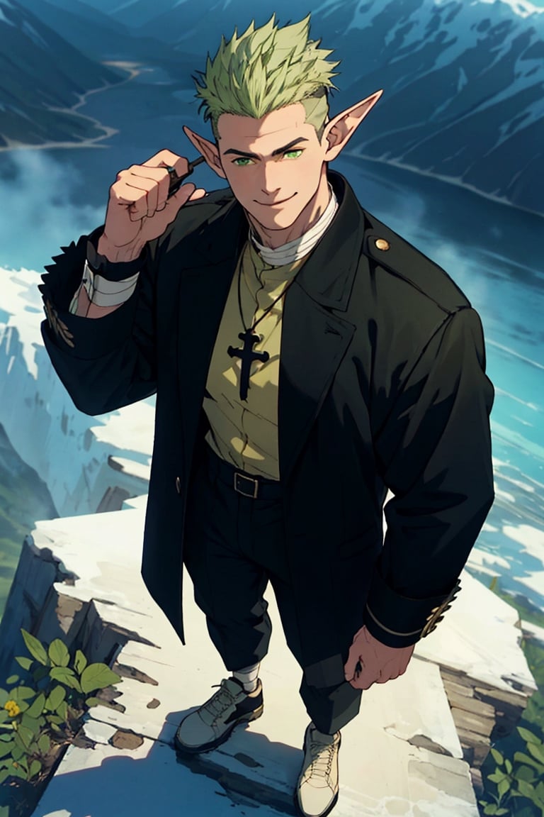 solo male, Kraft\(Frieren: Beyond Journey's End\), elf, masculine, manly, smile, (olive green hair, multicolored hair), short hair, undercut, green eyes, pointed ears, BREAK (above-knee-length-coat, black coat with yellow-cuff-trim:1.4), button up coat, (wide black pants), (cream-colored-clergy-stole:1.2), (white puttee, bandage), shoes, necklace, mature, handsome, charming, alluring, standing, upper body, perfect anatomy, perfect proportions, best quality, masterpiece, high_resolution, dutch angle, cowboy shot, photo background