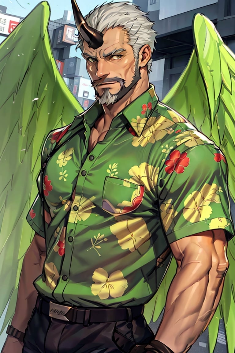 (1 image only), solo male, bara, Hogen, Tokyo Afterschool Summoners, Asain, Japanese, Tengu, old man, white hair, short hair, gold eyes, thick eyebrows, facial hair, beard, single horn, Tokin headwear, tengu-geta, green hawaiian shirt, partially unbuttoned shirt, black police pants, mature, handsome, charming, alluring, standing, upper body in frame, perfect anatomy, perfect proportions, 2D, anime, (best quality, masterpiece), (perfect eyes, perfect eye pupil), high_resolution, dutch angle, Tokyo city street, better_hands, green wings