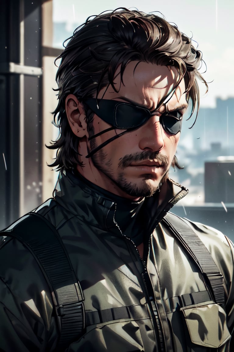 (1 image only), solo male, 1boy, Big Boss, Metal Gear Solid, bslue eyes, brown hair, facial hair, (pure black eyepatch, single eyepatch:1.2), (grey wide head band), (exposed hair:1.3), clothing, handsome, mature, charming, alluring, portrait, upper body in frame, perfect anatomy, perfect proportions, 8k, HQ, (best quality:1.2, hyperrealistic:1.2, photorealistic:1.2, masterpiece:1.3, madly detailed photo:1.2), (hyper-realistic lifelike texture:1.2, realistic eyes:1.2), high_resolution, perfect eye pupil, dutch angle, dynamic, action, raining, night, (military base)