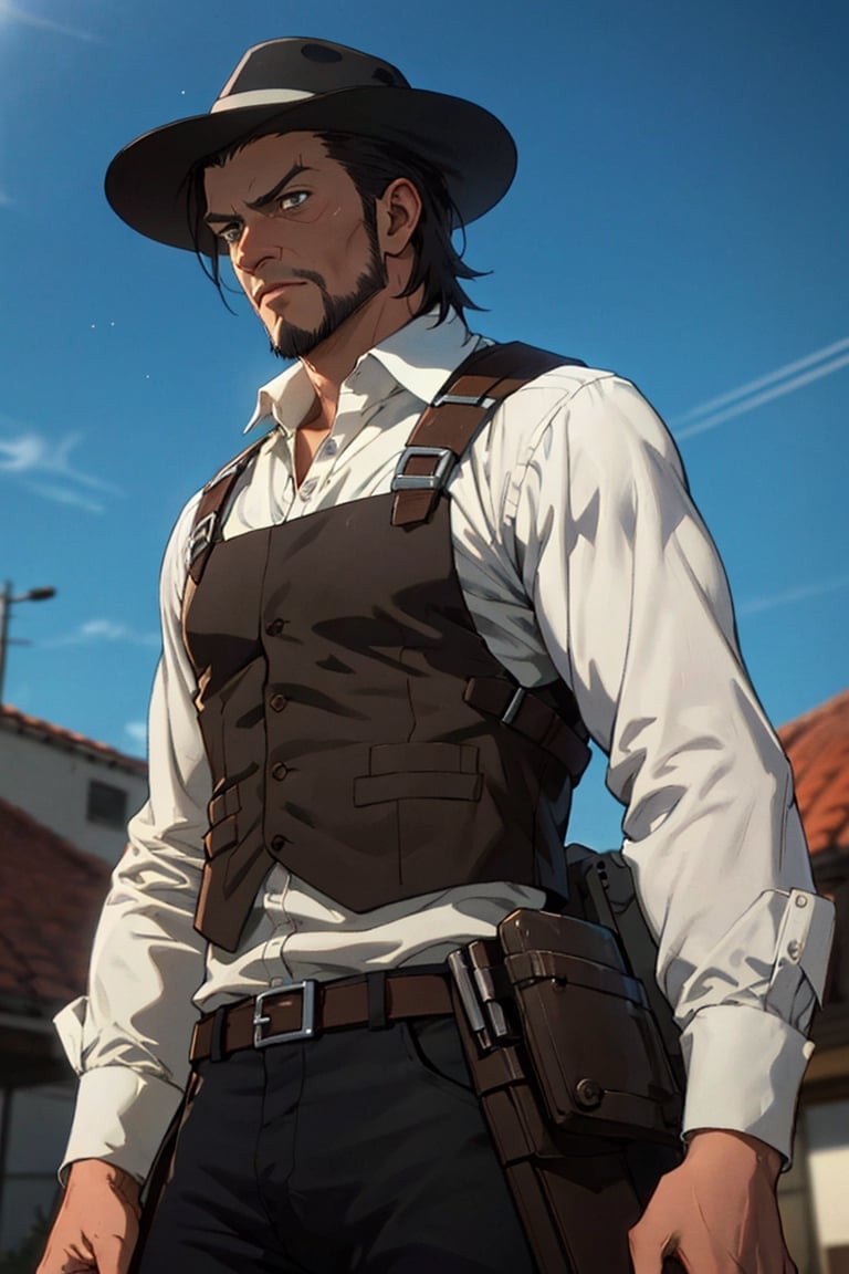 solo male, Kenny Ackerman, Attack on Titan Anime style, brown hair, hair slicked back, grey eyes, sideburns, thin beard along jawline, white collared shirt, long sleeves, (simple black vest, long vest), black pants, (dark fedora hat), (vertical maneuvering equipment, metal armor, holster), athletic build, middle-age, mature, handsome, charming, alluring, standing, upper body, perfect anatomy, perfect proportions, best quality, masterpiece, high_resolution, dutch angle, cowboy shot, photo background, vintage bar, holding handgun