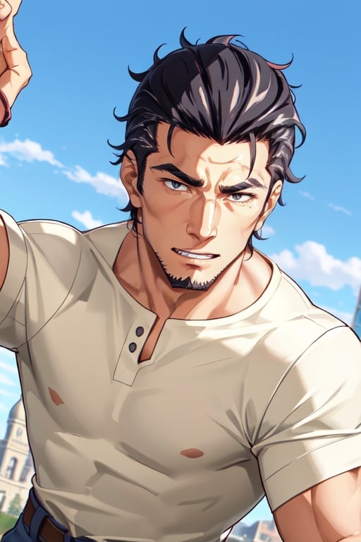 (1 image only), solo male, Kaburagi, Deca Dence, greying black hair, slicked back hair, thick eyebrows, sideburns, goatee, green eyes, scar, tucked-in wide necked short-sleeved white shirt, sleeves tucked up and buttoned, short sleeves, olive wide worker pants, black belt tied, brown boots. simpple leather bracelet, toned male, mature, handsome, charming, alluring, grin, (portrait, close-up), perfect anatomy, perfect proportions, best quality, masterpiece, high_resolution, dutch angle, outdoors, day, blue sky, science fiction, citadel on sky, photo background, (bare neck)