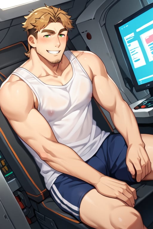 score_9, score_8_up, score_7_up, score_6_up, perfect anatomy, perfect proportions, best quality, masterpiece, high_resolution, high quality, solo male, Gagumber \(Sakugan\), brown hair, two-tone hair, sideburns, facial hair, stubble, green eyes, thick eyebrows, white tank top, blue bengal stripe boxer, loosee boxer, grey socks, bare tights, bare legs, legs hair, leg_spread, sitting, blush, grin, mecha cockpit, operator's seat, mecha joystick, multiple monitor screen, science fiction, adult, mature, masculine, manly, handsome, charming, alluring, upper body, dutch angle, cowboy shot, 