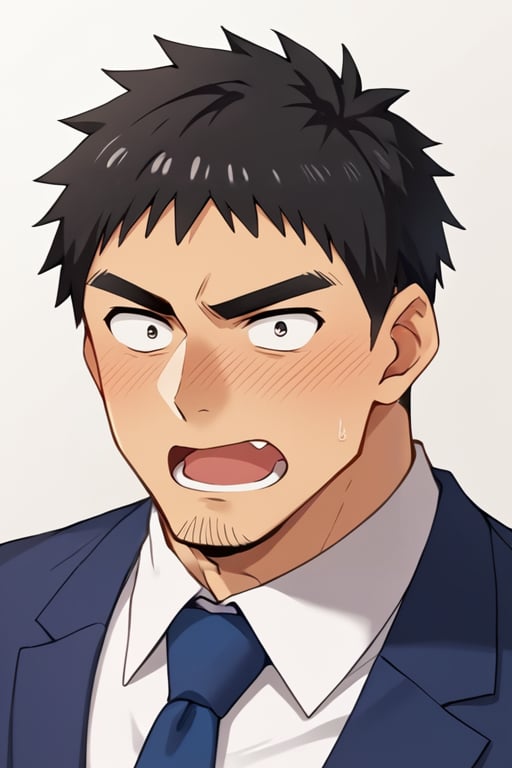 score_9, score_8_up, score_7_up, score_6_up, perfect anatomy, perfect proportions, best quality, masterpiece, high_resolution, high quality, solo male, Harumi Takeda , takeda harumi \(shiromanta\), black hair, short hair, facial hair, stubble, black eyes, thick eyebrows, sanpaku, constricted pupils, (white collared shirt), blue necktie, black pants, adult, mature, masculine, manly, handsome, charming, alluring, full face blush, surprised, wide-eyed, sanpaku, constricted pupils, open mouth, portrait, headshot, look at viewer