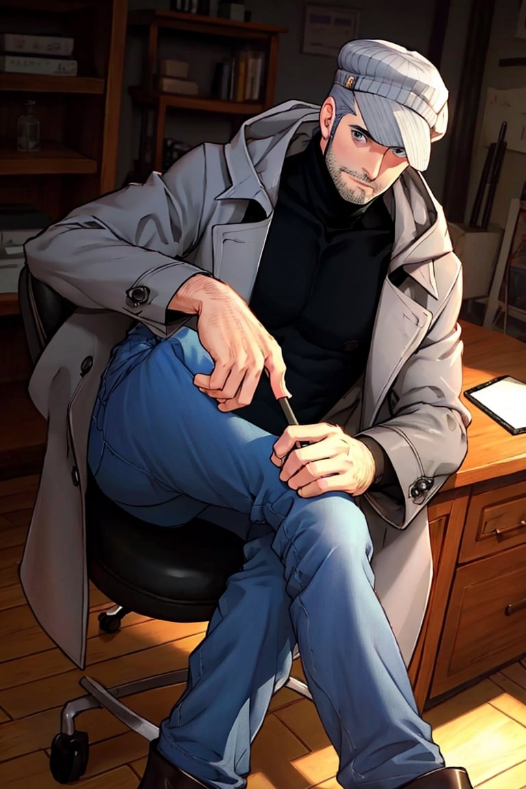 (1 image only), solo male, Munehisa Iwai,  Persona, Asian, Japanese, Weapons Dealer, grey hair, short hair, grey hat, stubble, grey eyes, sideburns, black turtleneck sweater, long gray coat, open coat, coat hood down, simple blue jeans, black leather boots, mature, masculine, handsome, charming, alluring, lying on chair, (foot on desk), holding lollipop, pov, perfect anatomy, perfect proportions, (best quality, masterpiece), (perfect eyes), high_resolution, dutch angle, [cowboy shot], weapon workshop