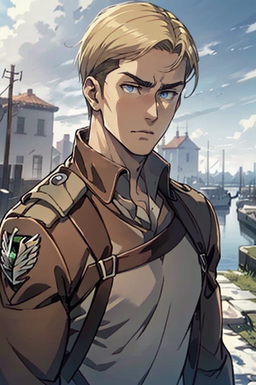 erwin_smith, blonde hair, icy blue eyes, AttackonTitan, scout regiment uniform, fit body, 39 years old, charming, alluring, dejected, depressed, sad, calm eyes, (standing), (upper body in frame), simple background, green plains, medieval european towns in distant, grey blue cloudy sky, dawn, 1910s harbor, only1 image, perfect anatomy, perfect proportions, perfect perspective, 8k, HQ, (best quality:1.5, hyperrealistic:1.5, photorealistic:1.4, madly detailed CG unity 8k wallpaper:1.5, masterpiece:1.3, madly detailed photo:1.2), (hyper-realistic lifelike texture:1.4, realistic eyes:1.2), picture-perfect face, perfect eye pupil, detailed eyes, realistic, HD, UHD, (front view, symmetrical picture, vertical symmetry:1.2), look at viewer,(MkmCut)