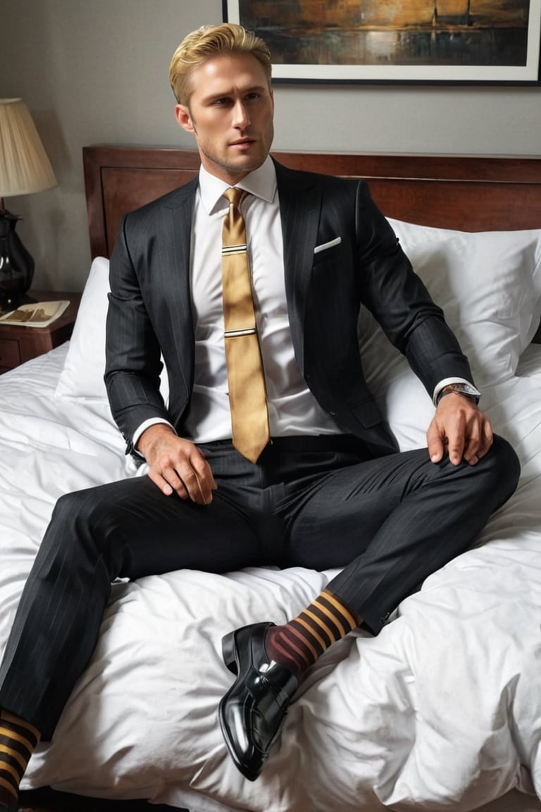 score_9, score_8_up, score_7_up, long socks, underwear, Reiner Braun, blond hair, short hair, stubble, facial hair, hazel eyes, full body portrait, male focus, handsome, beautiful, photorealistic, ribbed socks, black vertical stripe socks, gold striped tie, men in suit, loafers, wearing shorts, men, sitting, solo, editorial, leg_spread, shirt with collars, wearing expensive watch, on bed, wearing black loafers, bare knee