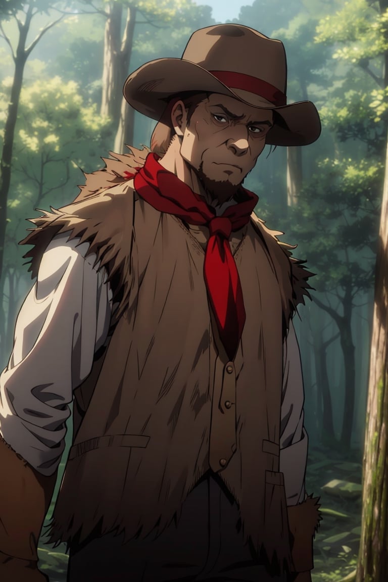 solo male, Artur Braus, Attack on Titan Anime style, hunter, shaggy brown hair, brown eyes, sideburns, beard, thin goatee, white shirt, (single vest), (brown fur trim vest, close vest:1.9), long sleeves, (loose red cravat:1.9), black pants, brown hat, middle-age, mature, handsome, charming, alluring, standing, upper body, perfect anatomy, perfect proportions, best quality, masterpiece, high_resolution, dutch angle, cowboy shot, photo background, forest
