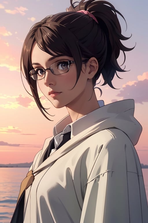 1 girl, HangeAOT, dark brown hair, messy ponytai, light brown eyes, pure white collared shirt, (green scouts cloak), glasses, (black eye patch on left eye), fit body, charming, alluring, (standing), (upper body in frame), simple background, endless ocean, pink cloudy sky, dawn, 1910s harbor, only1 image, perfect anatomy, perfect proportions, perfect perspective, 8k, HQ, (best quality:1.5, hyperrealistic:1.5, photorealistic:1.4, madly detailed CG unity 8k wallpaper:1.5, masterpiece:1.3, madly detailed photo:1.2), (hyper-realistic lifelike texture:1.4, realistic eyes:1.2), picture-perfect face, perfect eye pupil, detailed eyes, realistic, HD, UHD, (front view, symmetrical picture, vertical symmetry:1.2), look at viewer