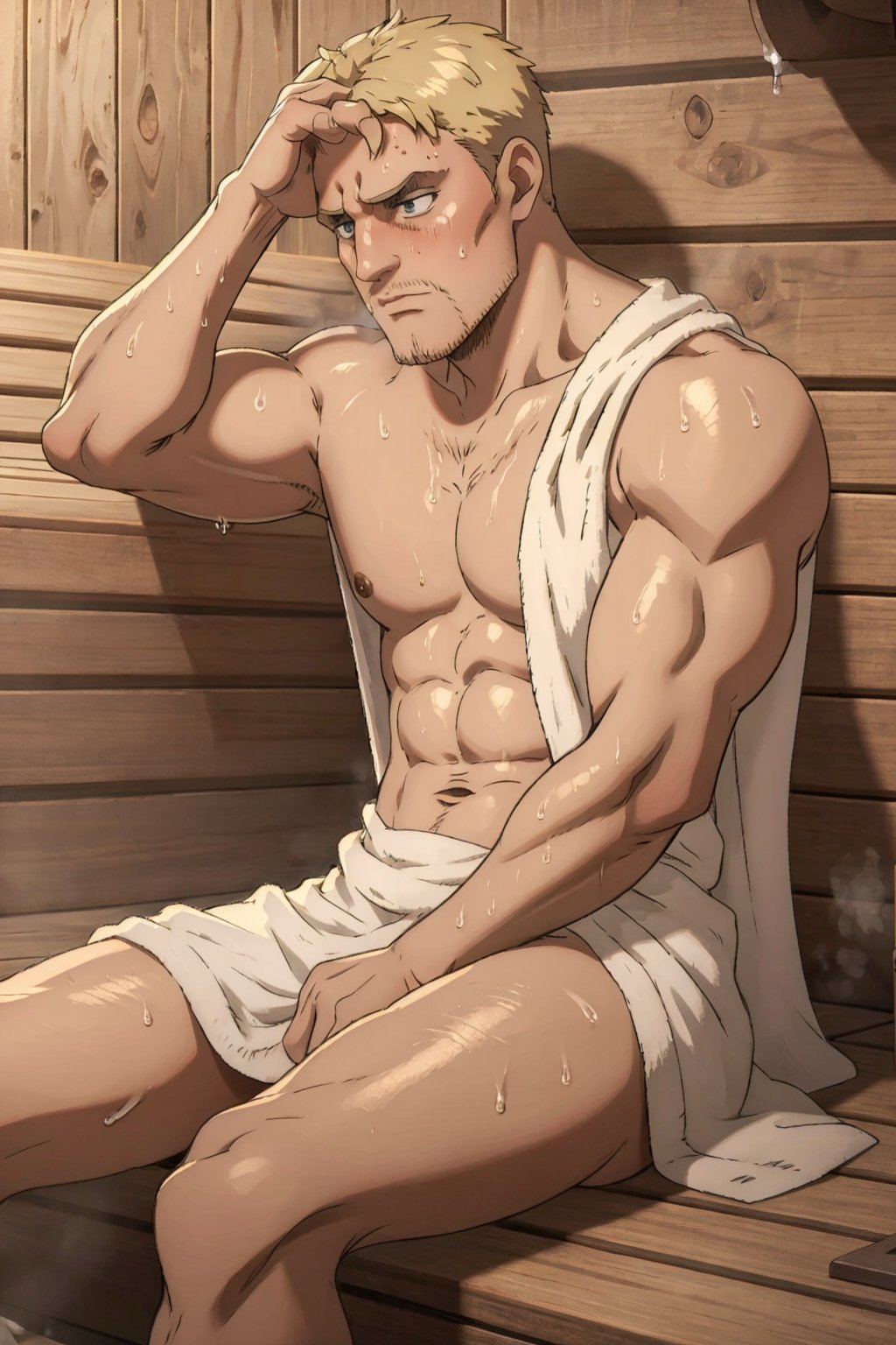 8k, HQ, masculine, photorealistic, wet white towel, rugged body, sweaty shiny skin, sitting in sauna, steamy, head down, facing the floor, high pressure, nervous, frustrated, depression,reiner_braun