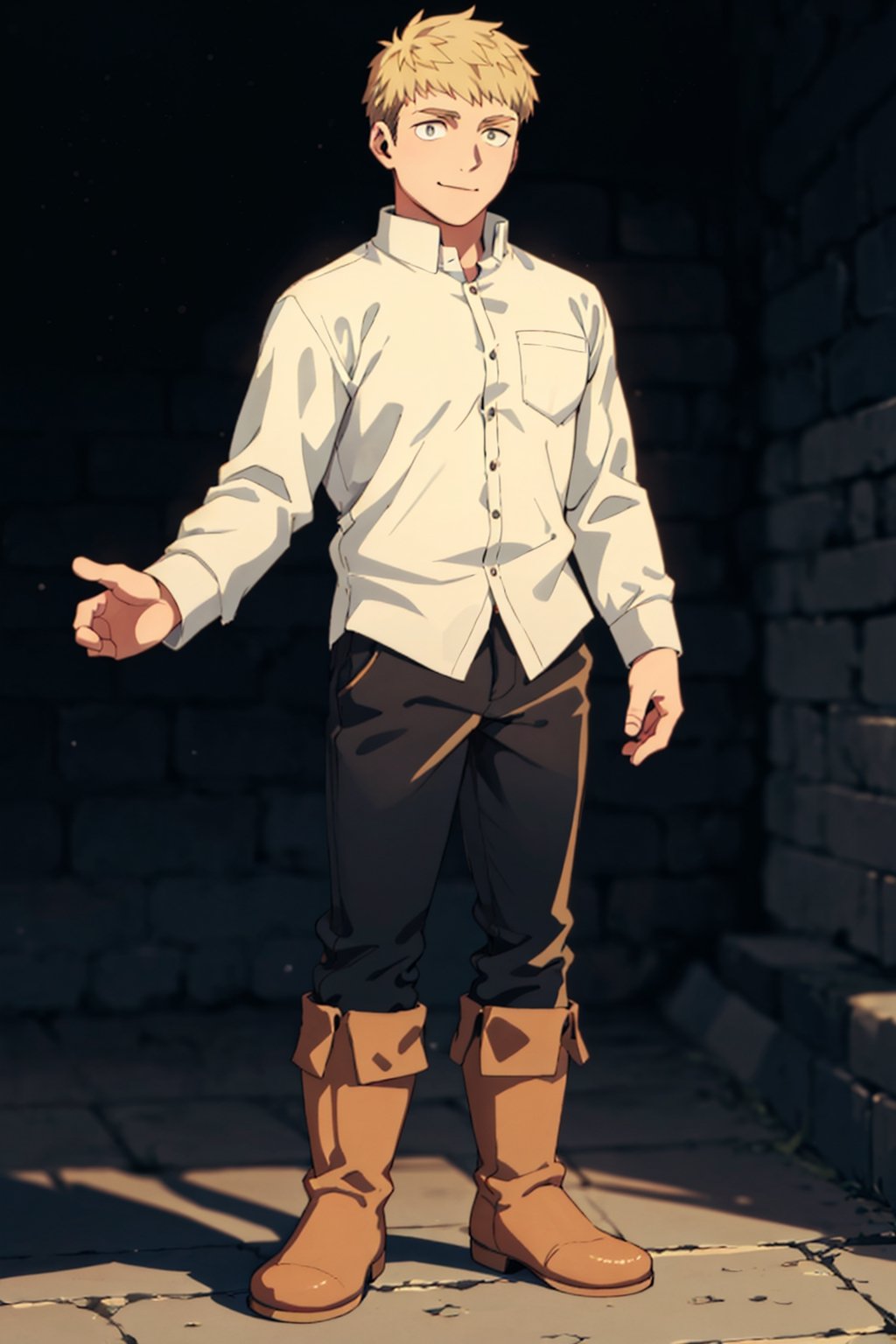 (1 image only), solo male, 1boy, Laios Touden, Delicious in Dungeon, knight, blond hair, short hair, light gold eyes, average height,  (white medieval long sleeve shirt, pants, simple brown boots), slight smile, handsome, charming, alluring, standing, upper body in frame, perfect anatomy, perfect proportions, 2d, anime, (best quality, masterpiece), (perfect eyes, perfect eye pupil), high_resolution, dutch angle, dungeon location, (Hands:1.1), better_hands