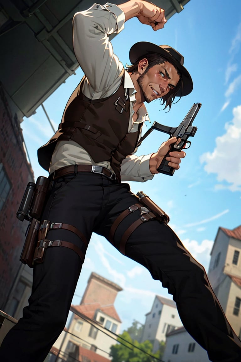 solo male, Kenny Ackerman, Attack on Titan Anime style, brown hair, hair slicked back, grey eyes, sideburns, thin beard along jawline, white collared shirt, long sleeves, (simple black vest, long vest), black pants, (dark fedora hat), (vertical maneuvering equipment, metal armor, holster), athletic build, middle-age, mature, handsome, charming, alluring, smirk, perfect anatomy, perfect proportions, best quality, masterpiece, high_resolution, dutch angle, photo background, vintage bar, holding handgun