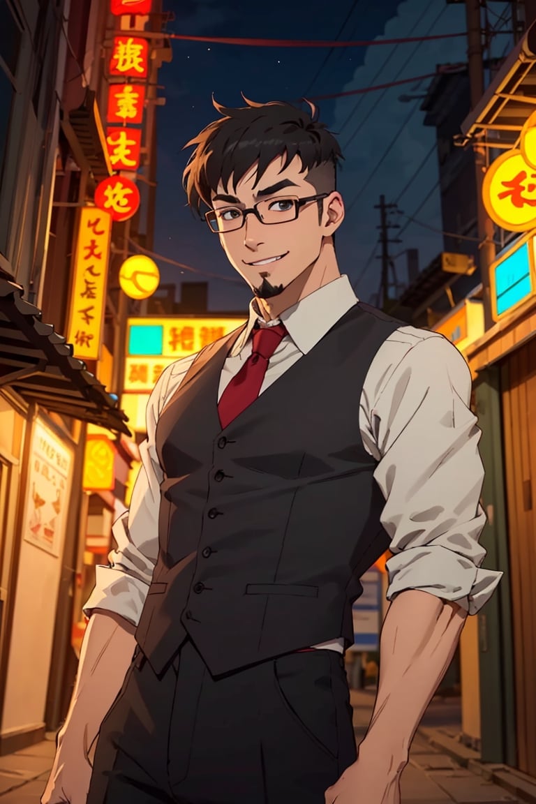 (1 image only), solo male, Jay Chiang, Great Pretender Razbliuto, Asian, Taiwanese, Taipei city, night alley, 2d, anime, flat, black hair, short hair, high fade, goatee, thick eyebrows, brown eyes, glasses, (red collared shirt, grey necktie, black vest), red sleeves, sleeves rolled up, black pants, black shoes, smile, mature, handsome, charming, alluring, standing, upper body, perfect anatomy, perfect proportions, (best quality, masterpiece), (perfect eyes:1.2), perfect hands, high_resolution, dutch angle, cowboy shot