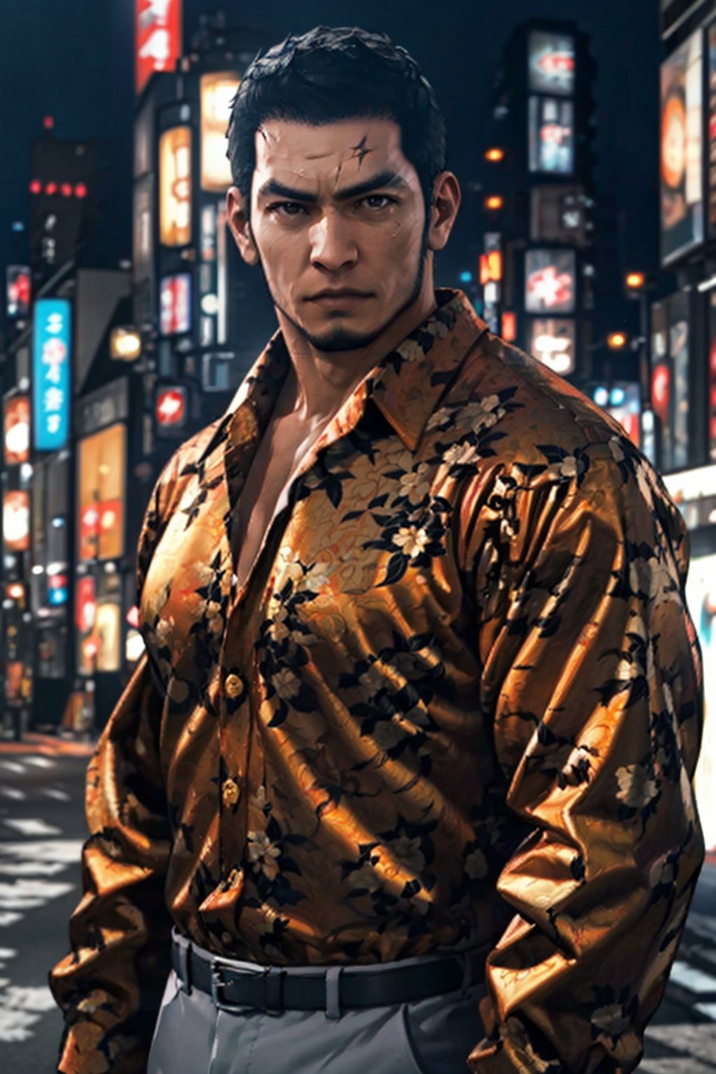 (1 image only), solo male, 1boy, Masaharu Kaito, Yakuza, 38 years old, Asian, Japanese, brown eyes, black hair, short hair, cropped black hair, chinstrap beard, small scar cuts through left eyebrow, handsome, tall and muscular build, orange and yellow and black floral silk button down shirt, light grey dress pants, black slip-on leather loafers, fit body, mature, manly, hunk, masculine, virile, confidence, charming, alluring, upper body in frame, night at Kabukicho Tokyo, perfect anatomy, perfect proportions, 8k, HQ, (best quality:1.5, hyperrealistic:1.5, photorealistic:1.4, madly detailed CG unity 8k wallpaper:1.5, masterpiece:1.3, madly detailed photo:1.2), (hyper-realistic lifelike texture:1.4, realistic eyes:1.2), high_resolution, picture-perfect face, perfect eye pupil, detailed eyes,  perfecteyes, perfecteyes, dutch angle