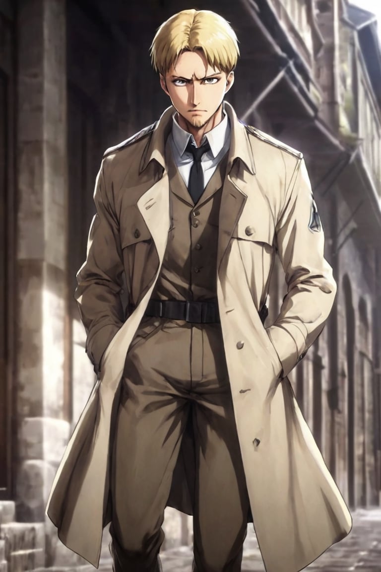 solo male, Reiner Braun, Attack on Titan, blond hair, short hair, facial hair, stubble, hazel eyes, tall, Marleyan soldier uniform, (white collared shirt), light-brown trench coat, (open coat:1.1), military green pants, black combat boots,  handsome, charming, alluring, standing, upper body, perfect anatomy, perfect proportions, best quality, masterpiece, high_resolution, dutch angle, cowboy shot, photo background