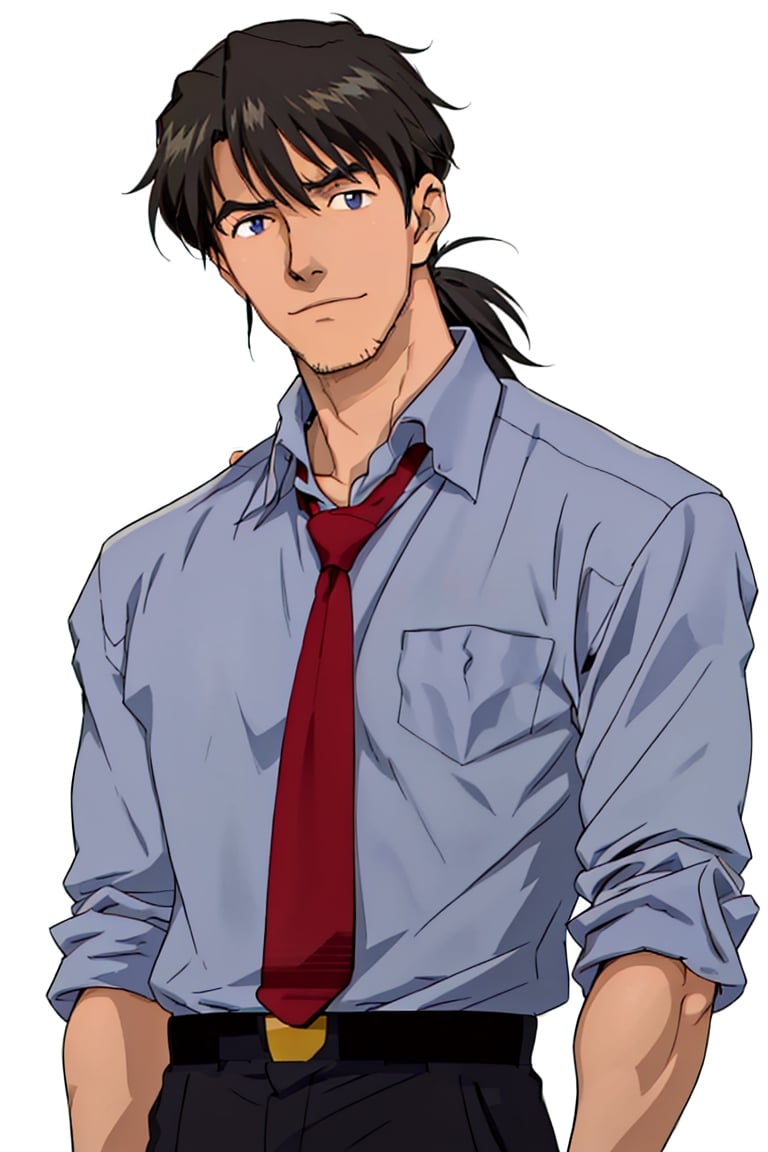 (1 image only), solo male, Ryoji Kaji, Neon Genesis Evangelion, Asian, Japanese, dark brown hair, bangs, short ponytail, dark brown eyes, (thin stubble), blue collared shirt, sleeves rolled up, red necktie, black pants, black jacket over shoulder, mature, handsome, charming, alluring, standing, upper body, perfect anatomy, perfect proportions, 2D, anime, (best quality, masterpiece), (perfect eyes, perfect eye pupil), perfect hands, high_resolution, dutch angle