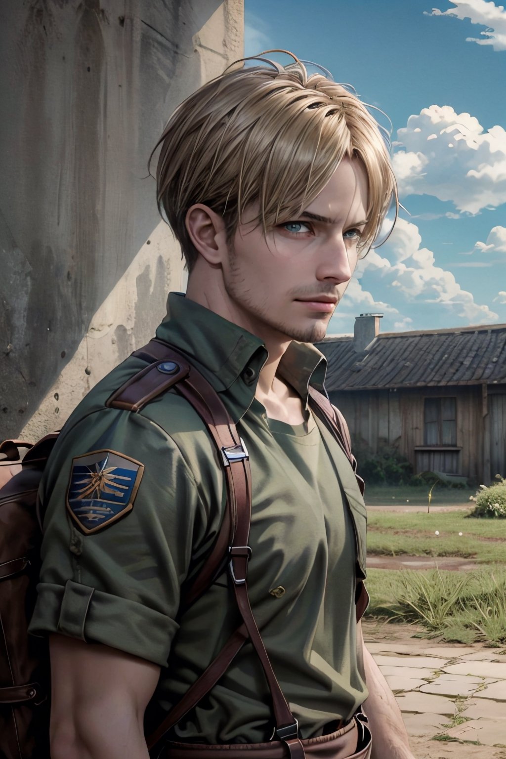 mike_zacharias, blonde hair, bangs parted from middle, pale blue eyes, chin strap stubble, green shirt, (AttackonTitan, scout regiment uniform), fit body, mature, 42 years old, charming, alluring, smirk, calm eyes, (standing), (upper body in frame), simple background, green plains, grey blue cloudy sky, dawn, only1 image, perfect anatomy, perfect proportions, perfect perspective, 8k, HQ, (best quality:1.5, hyperrealistic:1.5, photorealistic:1.4, madly detailed CG unity 8k wallpaper:1.5, masterpiece:1.3, madly detailed photo:1.2), (hyper-realistic lifelike texture:1.4, realistic eyes:1.2), picture-perfect face, perfect eye pupil, detailed eyes, realistic, HD, UHD, (front view, symmetrical picture, vertical symmetry:1.2), look at viewer, face focus