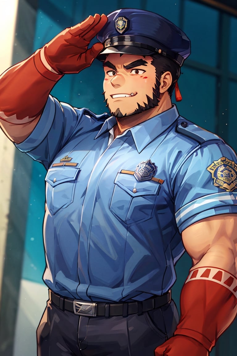 (1 image only), solo male, bara, Tajikarao, Tokyo Afterschool Summoners, Asain, Japanese, dark hair, short hair, thick eyebrows, sideburns, facial hair, beard, fangs. Japanese police uniform, Japanese, police hat, aqua-color collared shirt, black pants, mature, handsome, charming, alluring, standing, upper body in frame, perfect anatomy, perfect proportions, 2d, anime, (best quality, masterpiece), (perfect eyes, perfect eye pupil), high_resolution, dutch angle, Tokyo city street, better_hands, salute, red hands, Shide 
,perfecteyes, black eyes