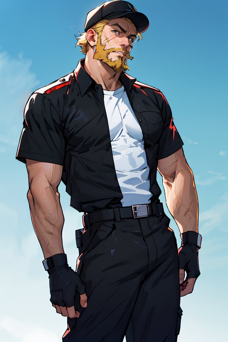 solo male, Killer T Cell \(Cells at Work\), tan skin, blond hair, black eyes, facial hair, beard, scar on face, uniform, black shirt, open shirt, open clothes, black pants, black cap, earpiece, fingerless gloves, boots, mature, handsome, charming, alluring, standing, upper body, perfect anatomy, perfect proportions, best quality, masterpiece, high_resolution, dutch angle, cowboy shot, photo background
