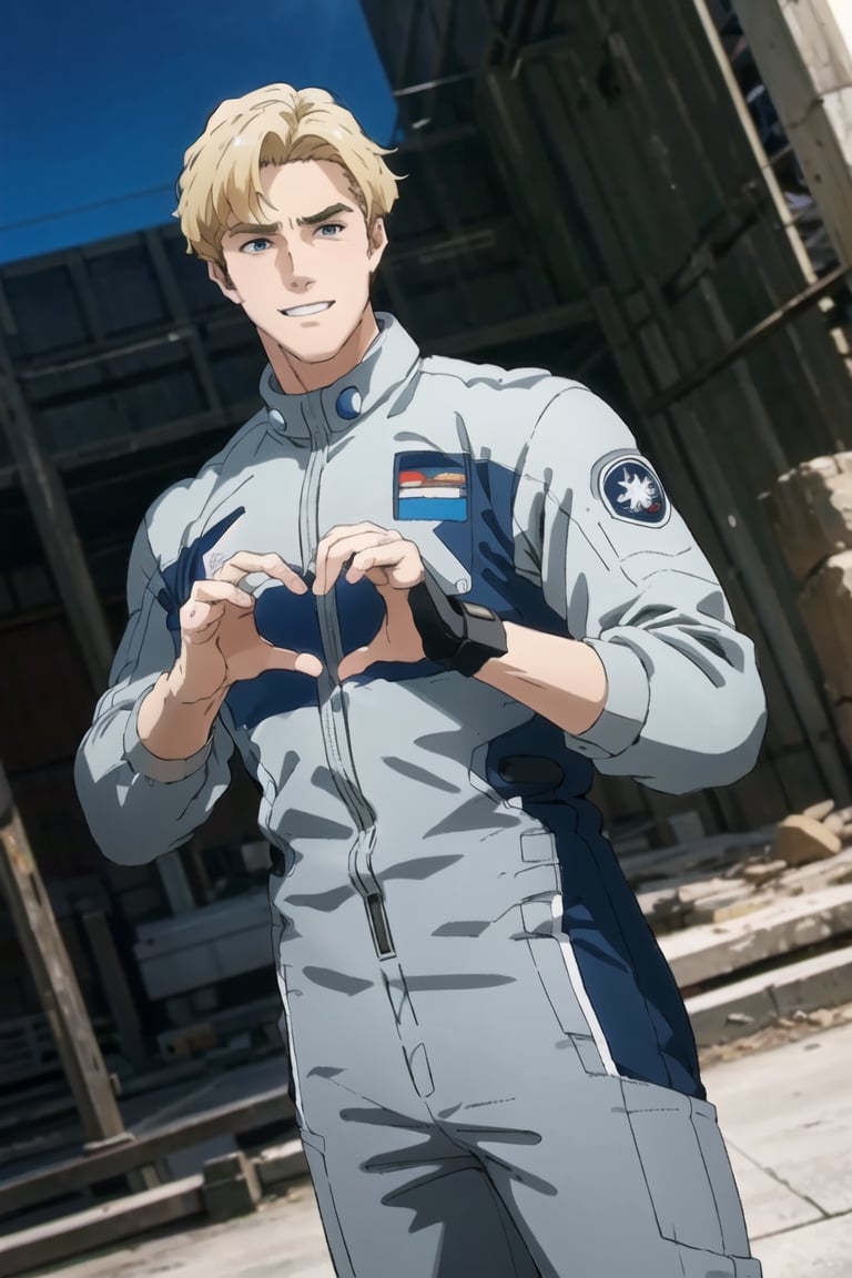solo male, Lewis Smith \(Bang Brave Bang Bravern\), blond hair, short hair, blue eyes, (((grey pilot jumpsuit, gray pilot  jumpsuit, grey sleeves))), black boots, mature, handsome, charming, alluring, muscular, beefy,, ((heart hands)), blush, grin, standing, upper body, perfect anatomy, perfect proportions, best quality, masterpiece, high_resolution, dutch angle, cowboy shot, photo background, tokyo city ruin, ocean, sky, science fiction, mecha
